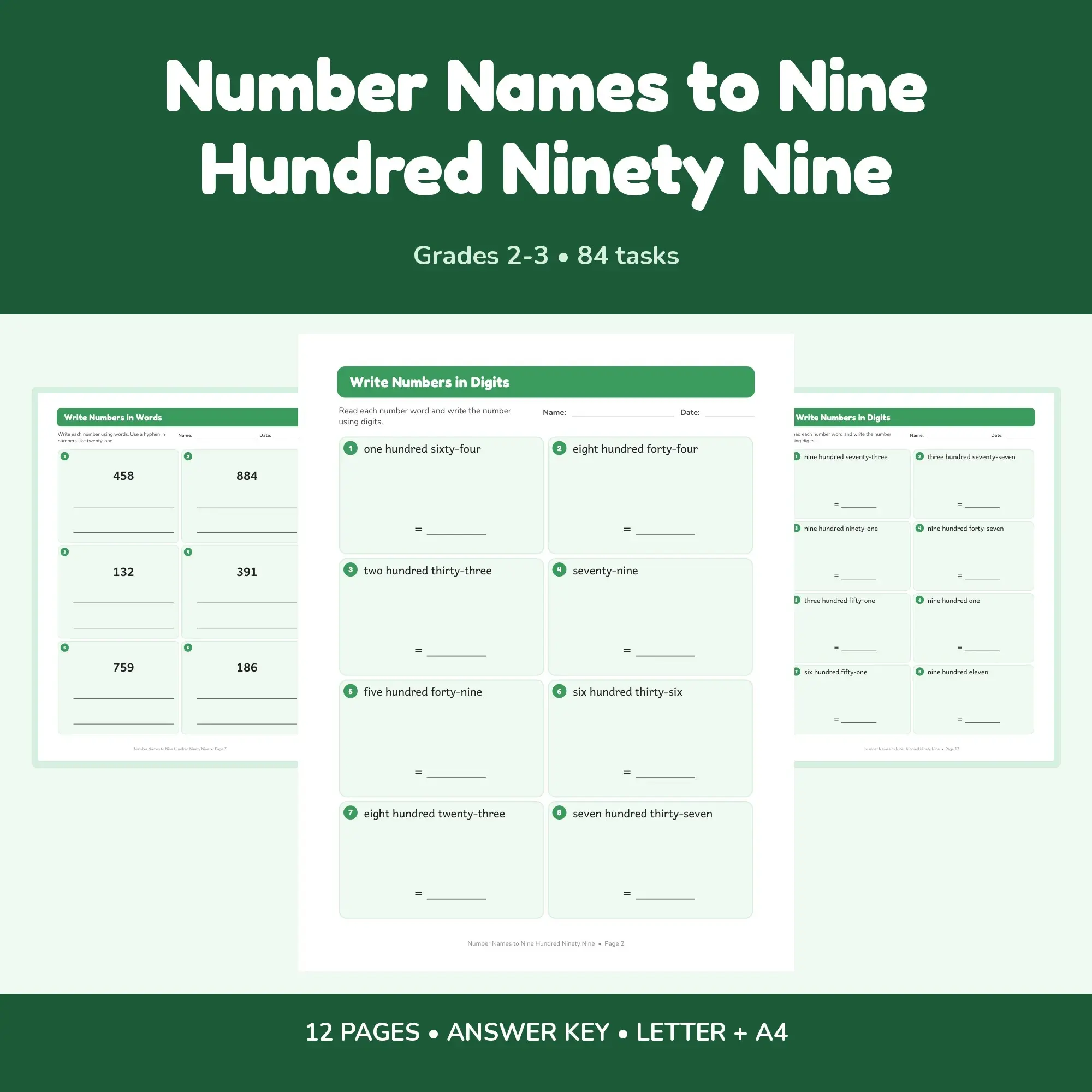 Number Names to Nine Hundred Ninety Nine - 12 Worksheets + Key preview