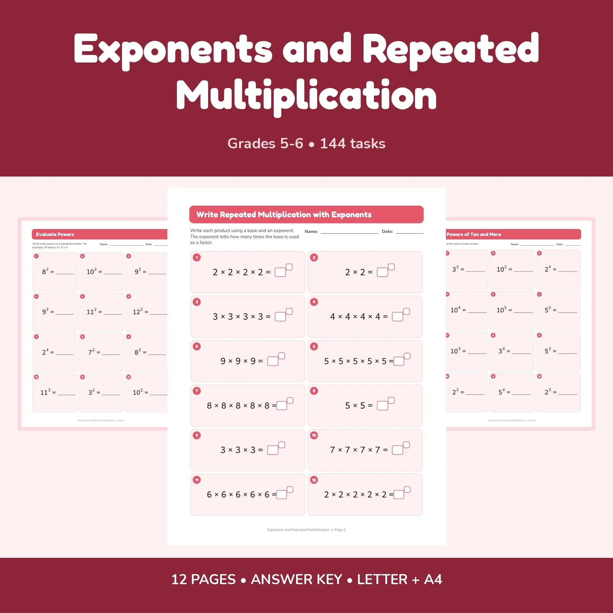 Exponents and Repeated Multiplication - 12 Worksheets + Key preview
