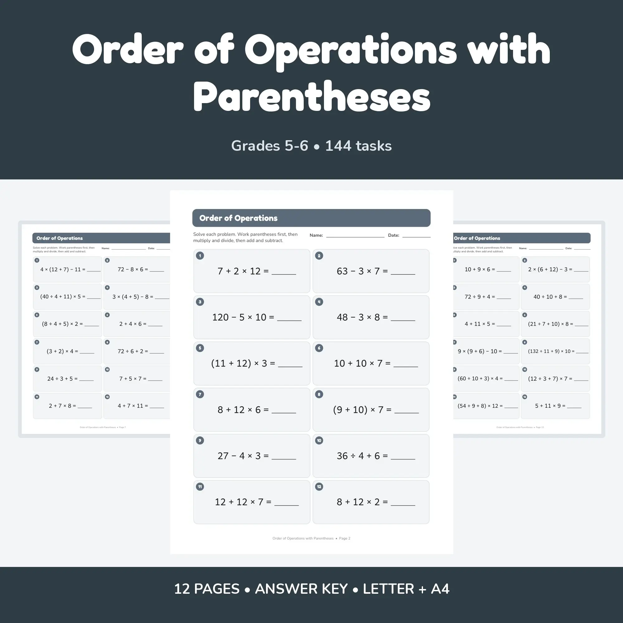 Order of Operations with Parentheses - 12 Worksheets + Key preview