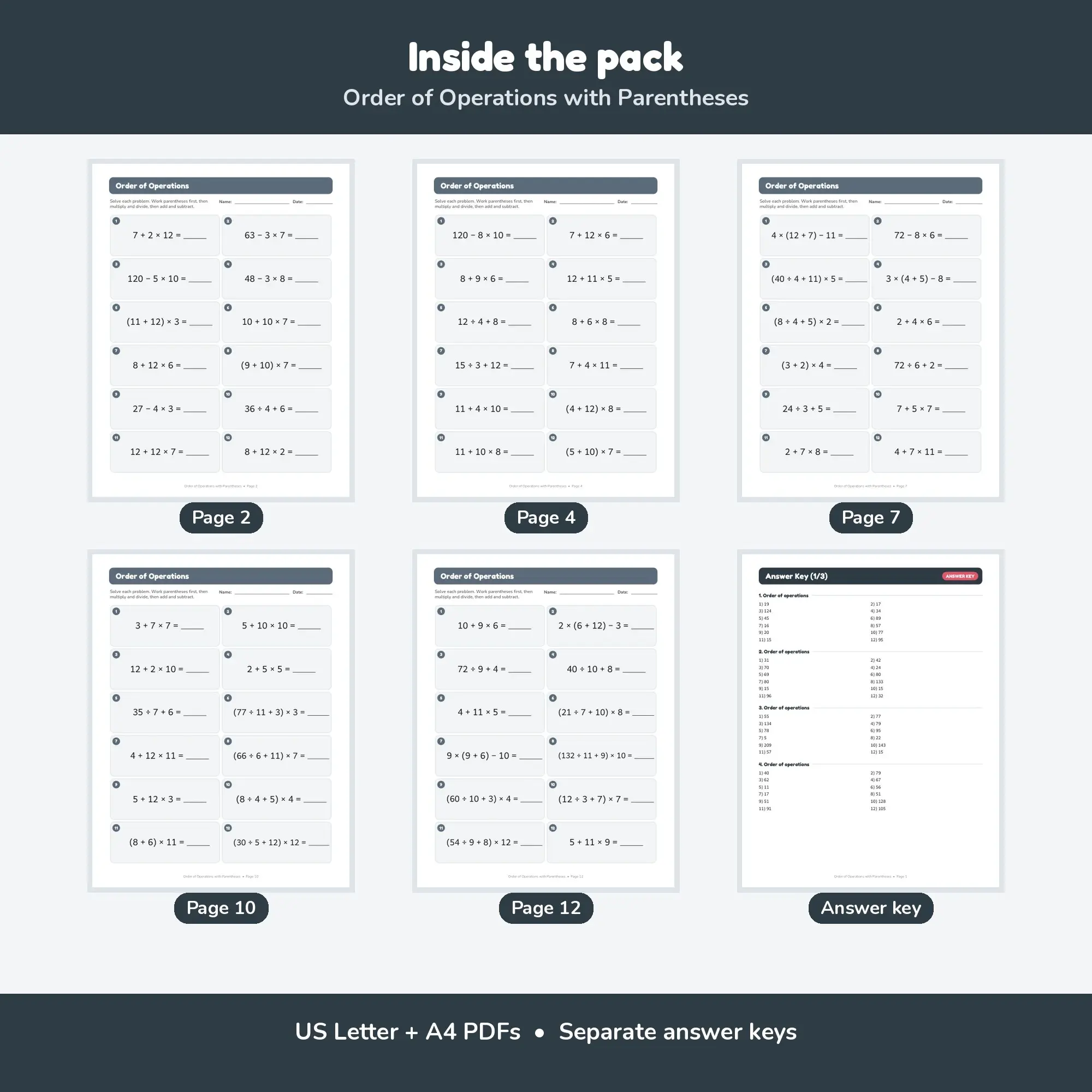 Order of Operations with Parentheses - 12 Worksheets + Key, preview 2 of 2