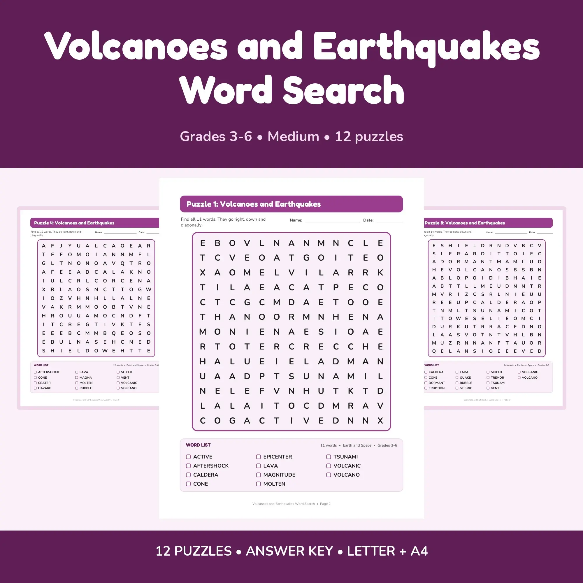Volcanoes and Earthquakes Word Search - 12 Puzzles for Grades 3-6 + Answer Key preview