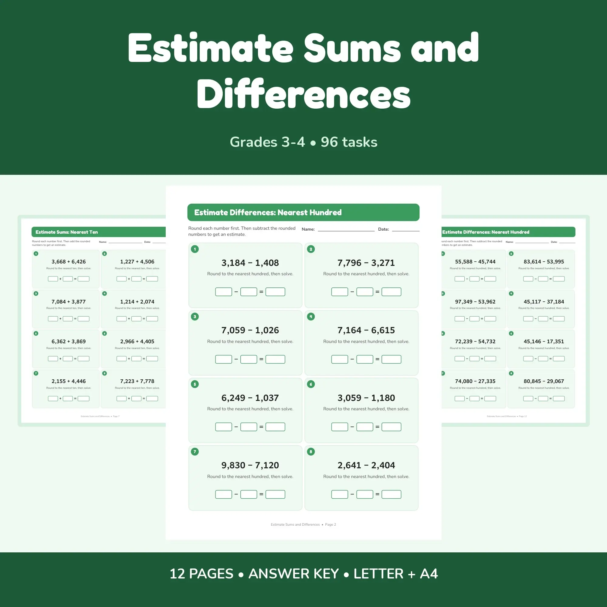 Estimate Sums and Differences - 12 Worksheets + Key preview
