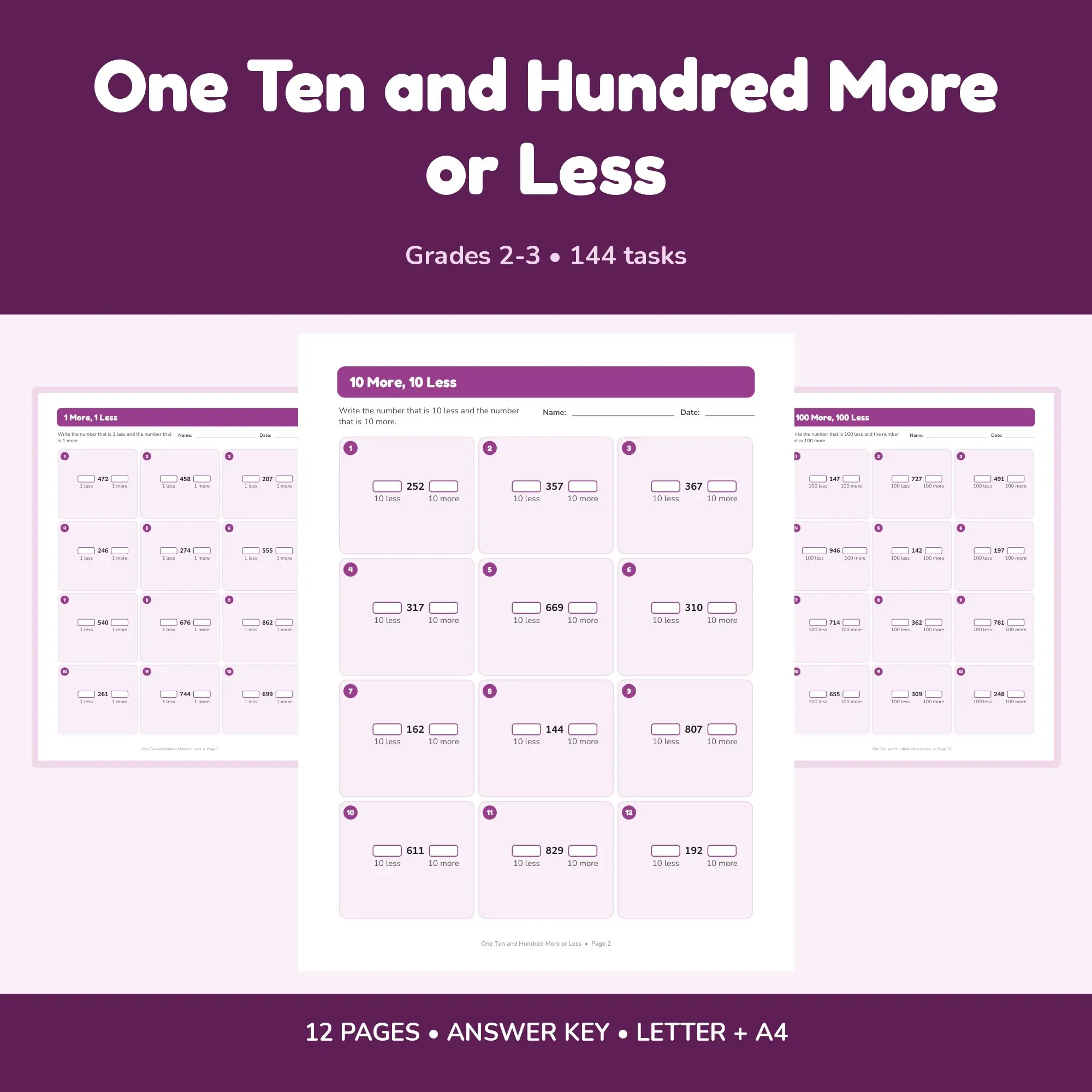 One Ten and Hundred More or Less - 12 Worksheets + Key preview