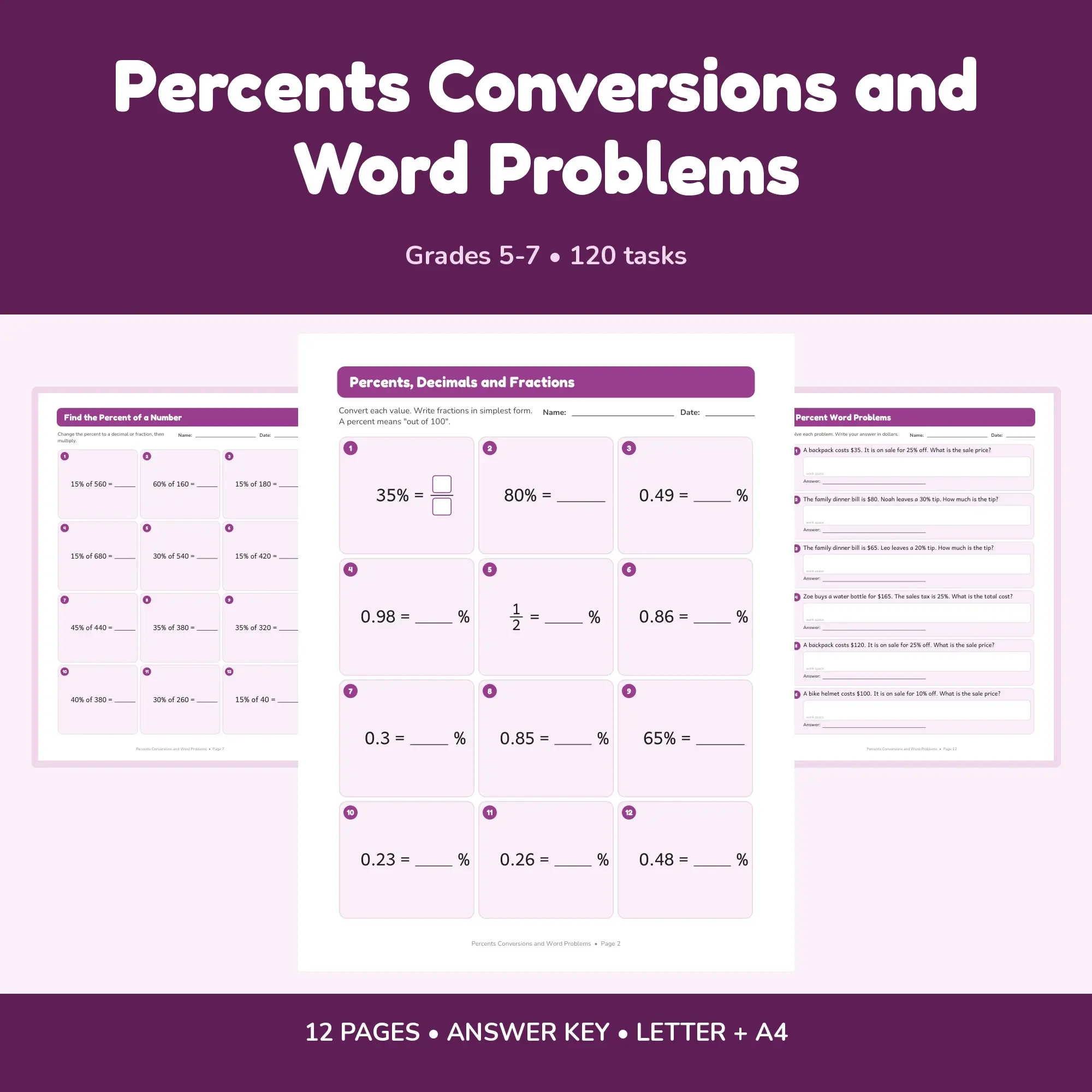 Percents Conversions and Word Problems - 12 Worksheets + Key preview