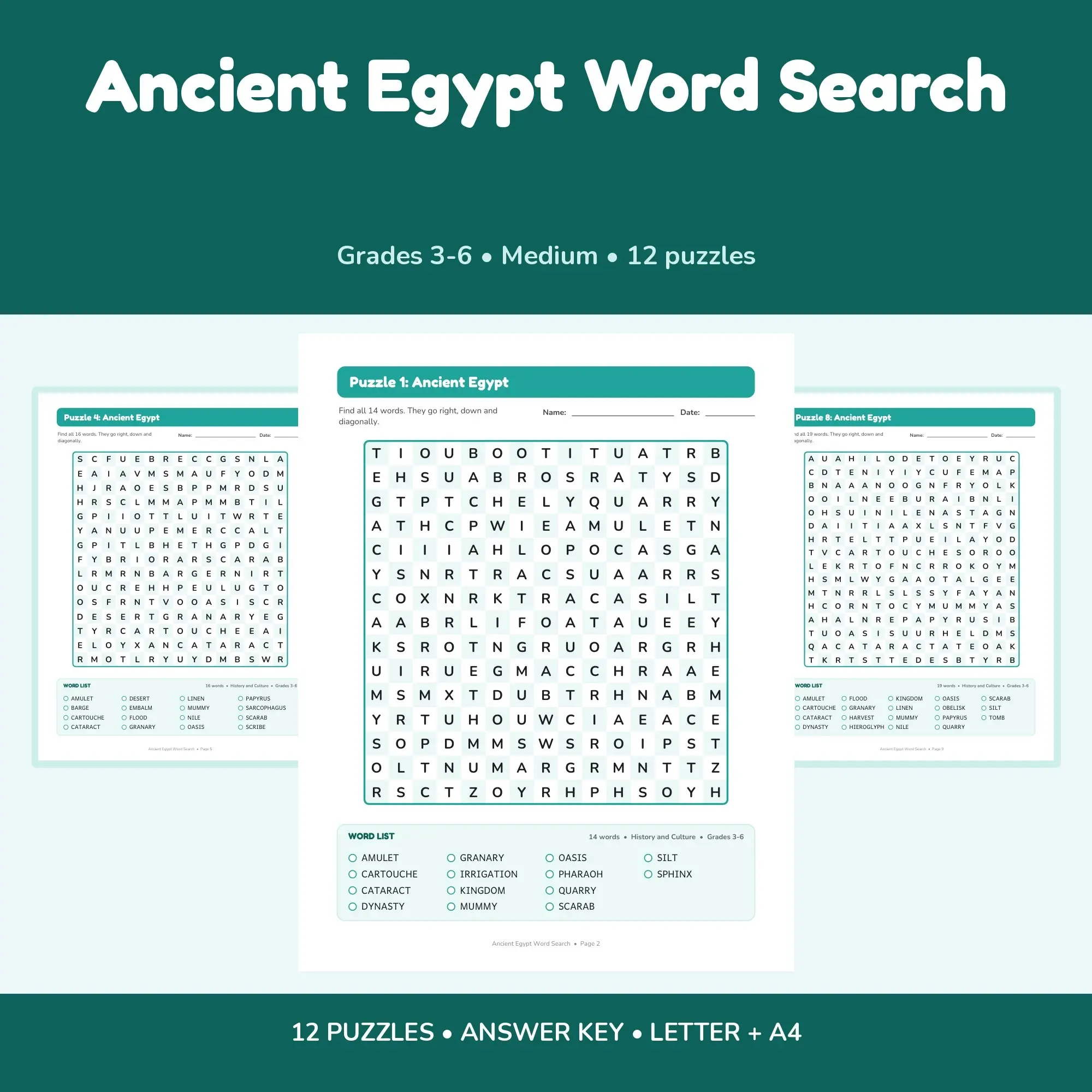 Ancient Egypt Word Search Book - 12 Puzzles | Grades 3-6 | Letter + A4 preview