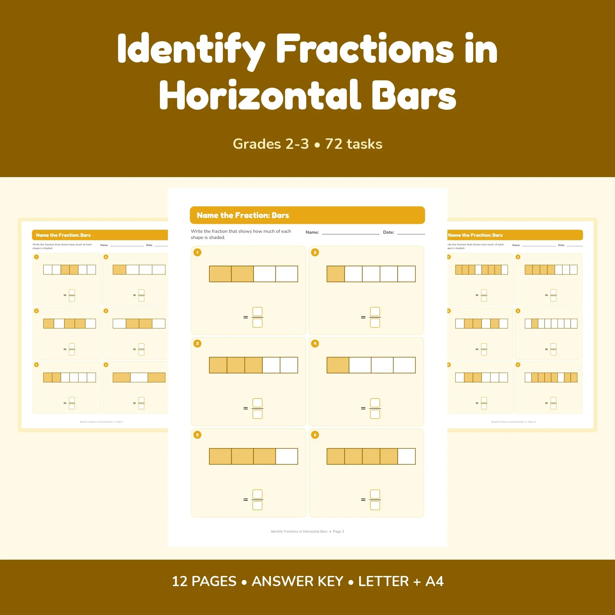 Identify Fractions in Horizontal Bars - 12 Worksheets + Key preview