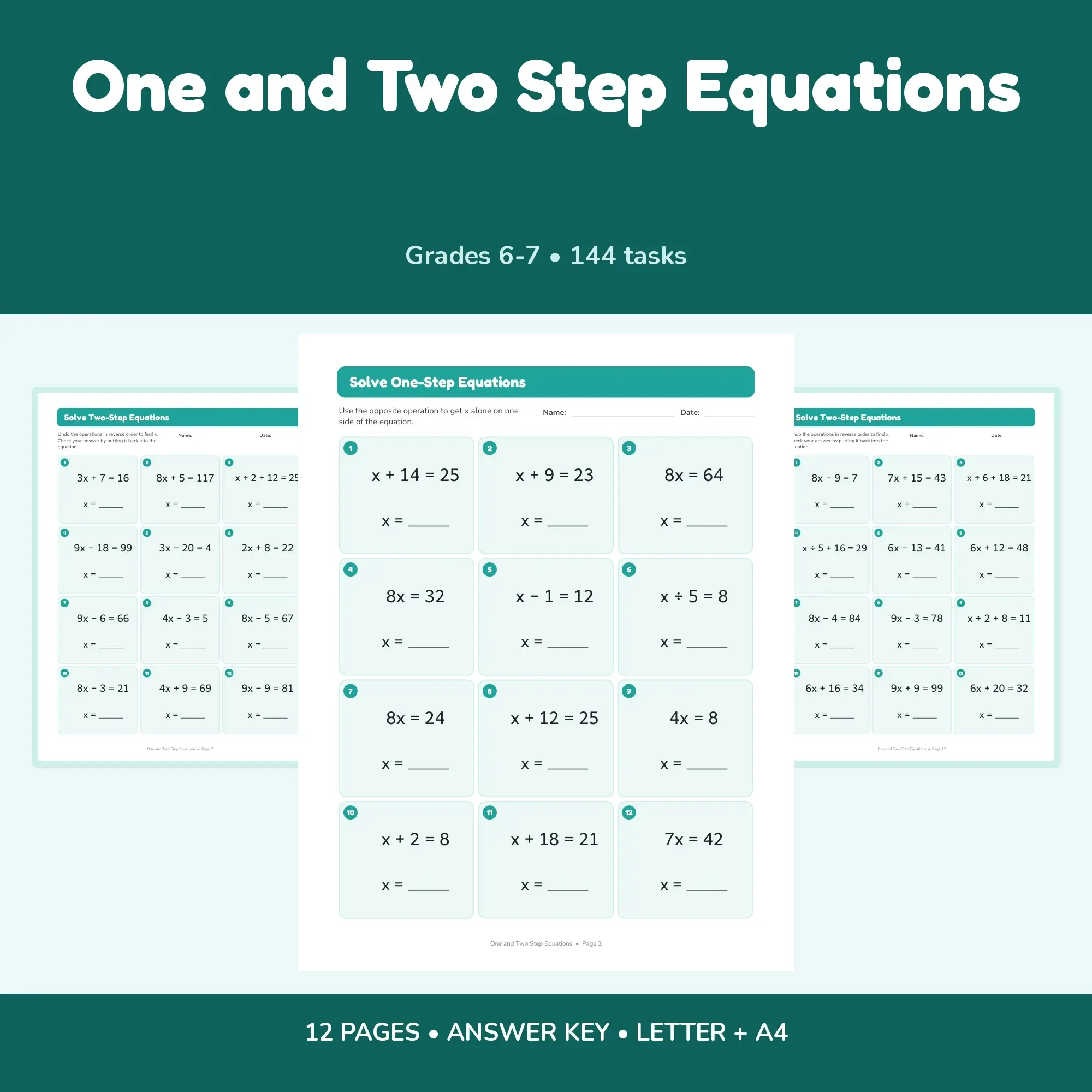 One and Two Step Equations - 12 Worksheets + Key preview