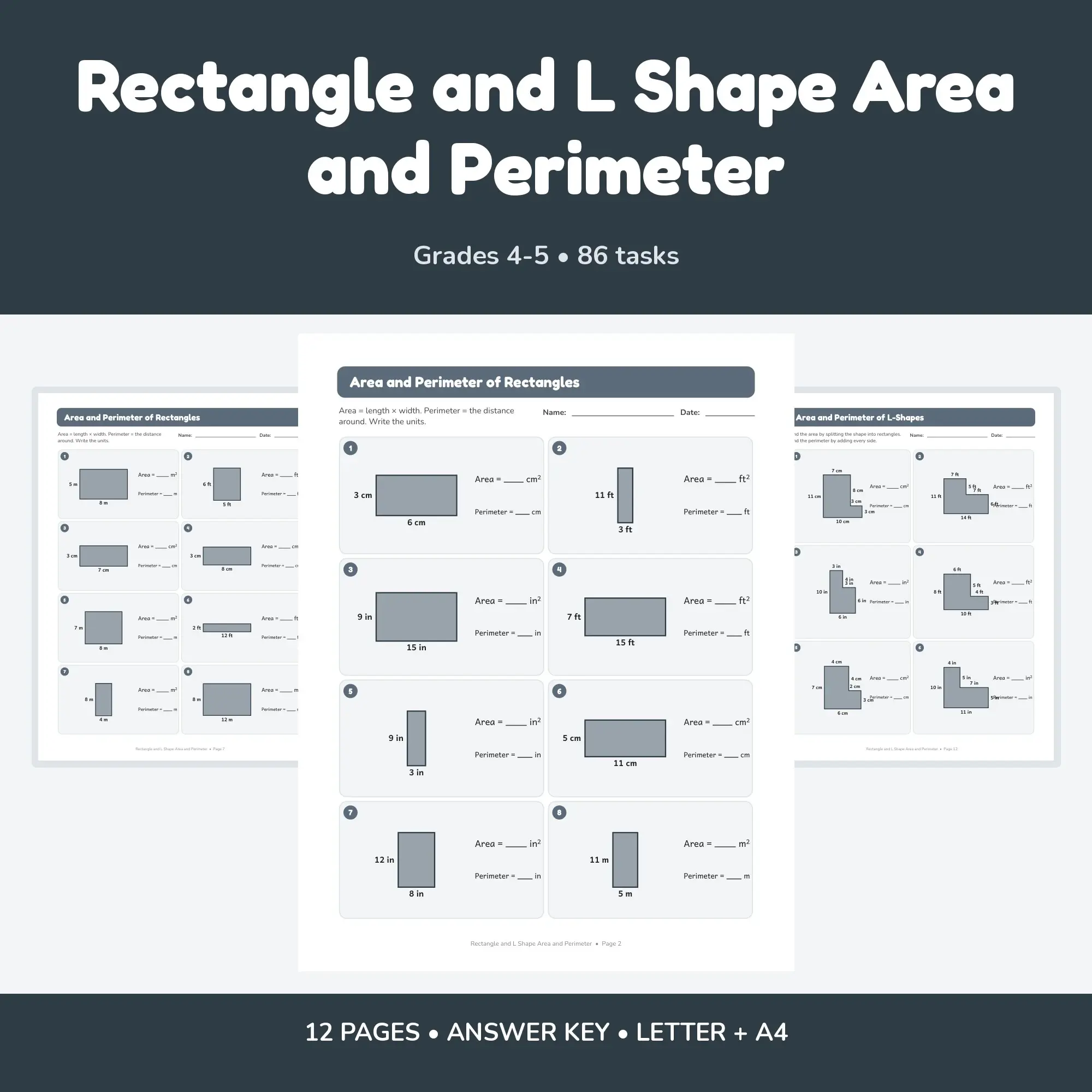 Rectangle and L Shape Area and Perimeter - 12 Worksheets + Key preview