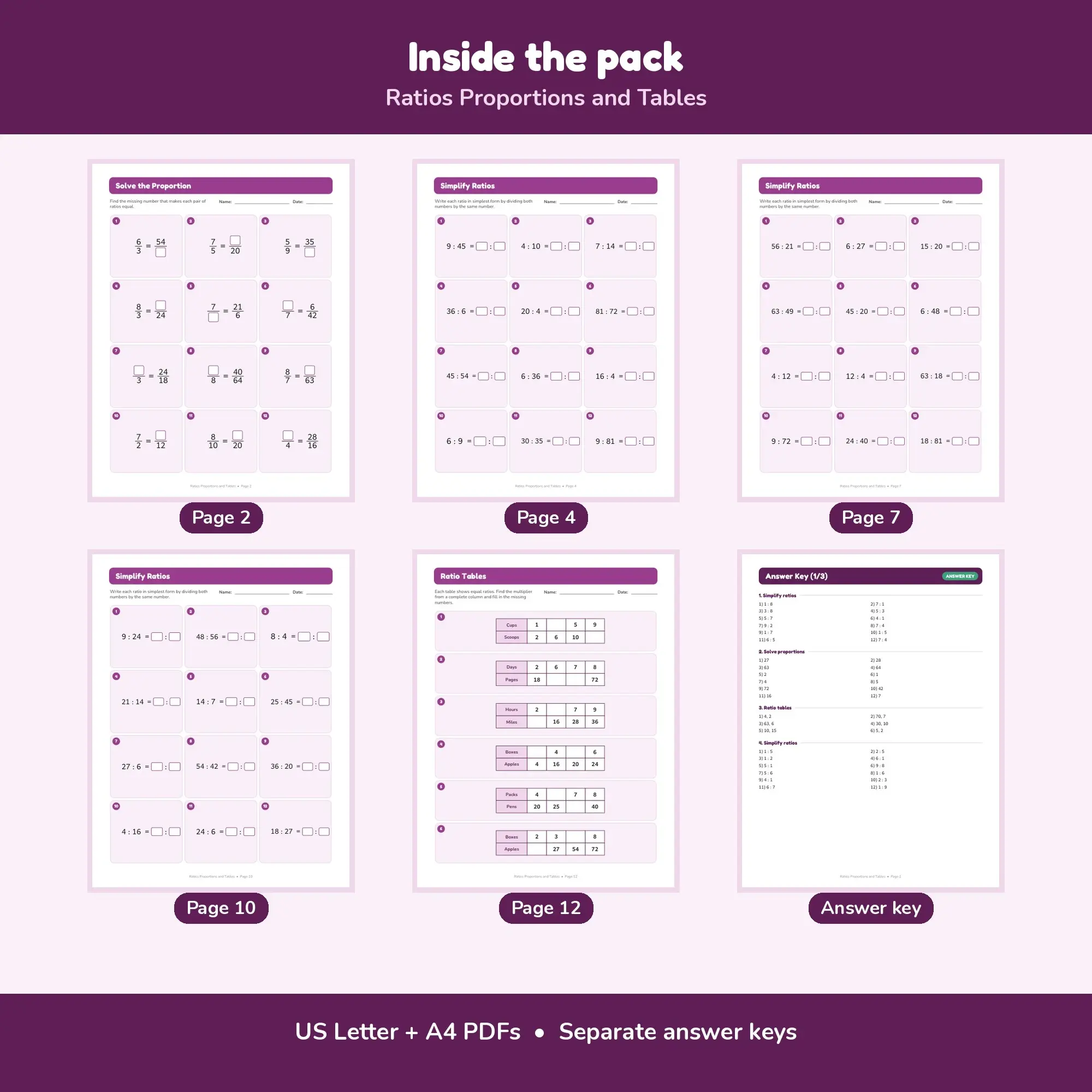 Ratios Proportions and Tables - 12 Worksheets + Key, preview 2 of 2
