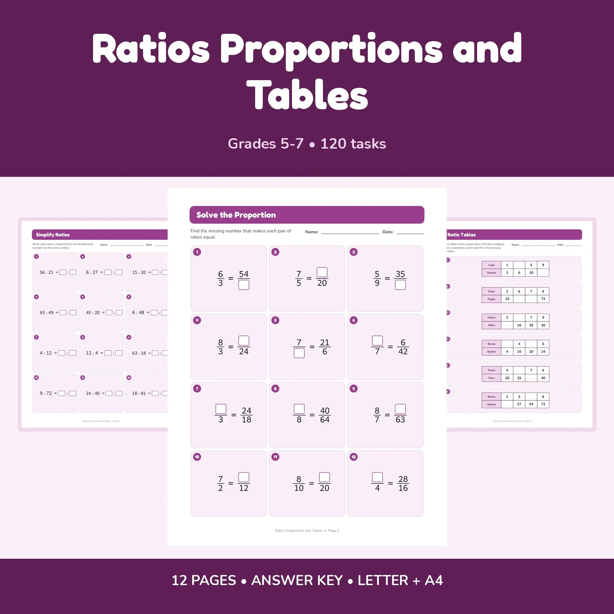 Ratios Proportions and Tables - 12 Worksheets + Key preview
