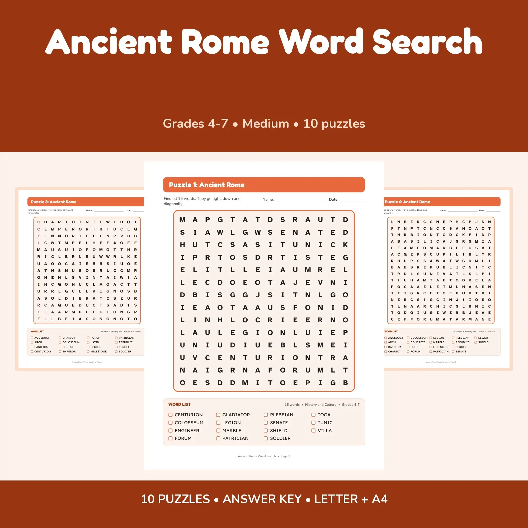 10 Ancient Rome Word Search Puzzles for Kids, Grades 4-7 (Printable PDF) preview