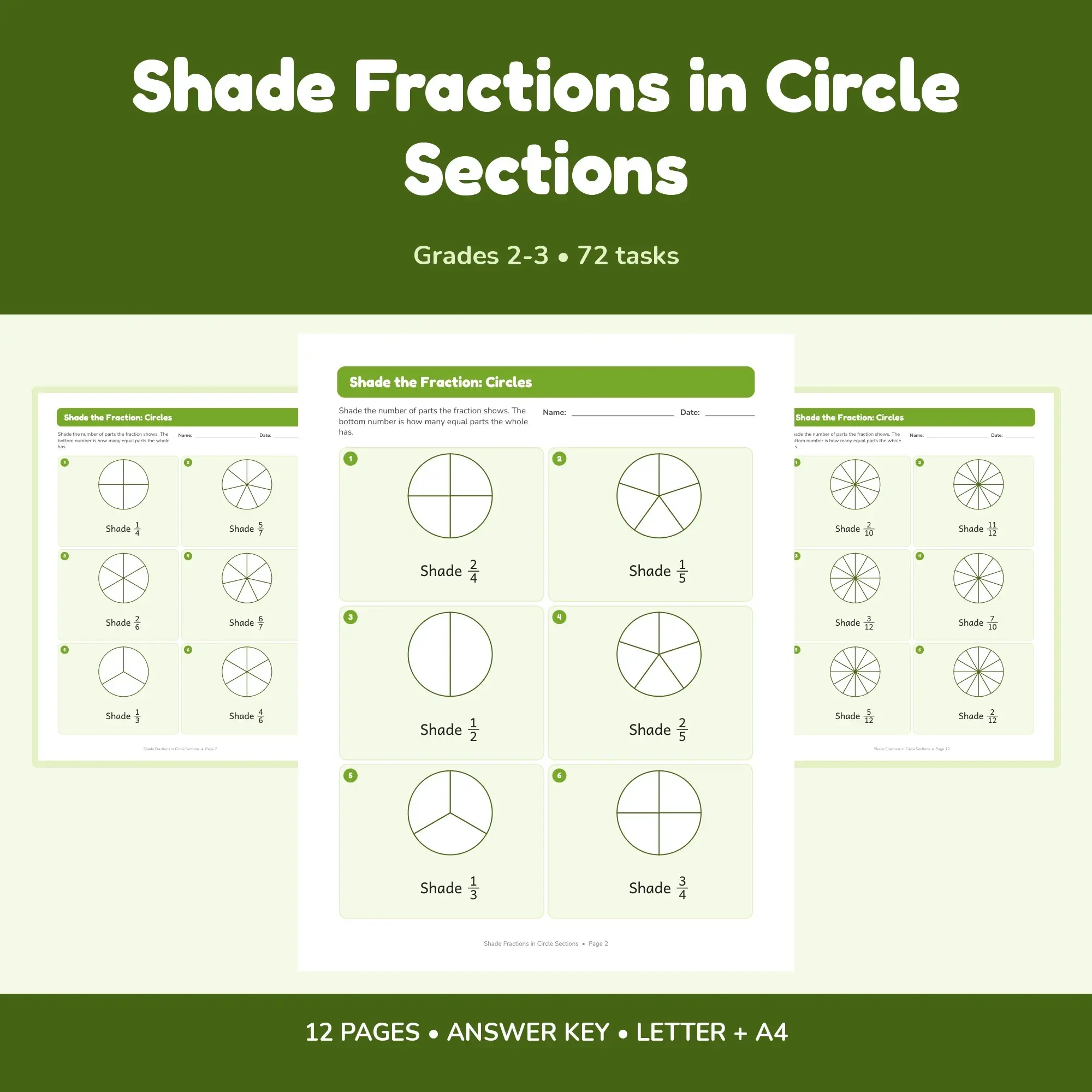 Shade Fractions in Circle Sections - 12 Worksheets + Key preview