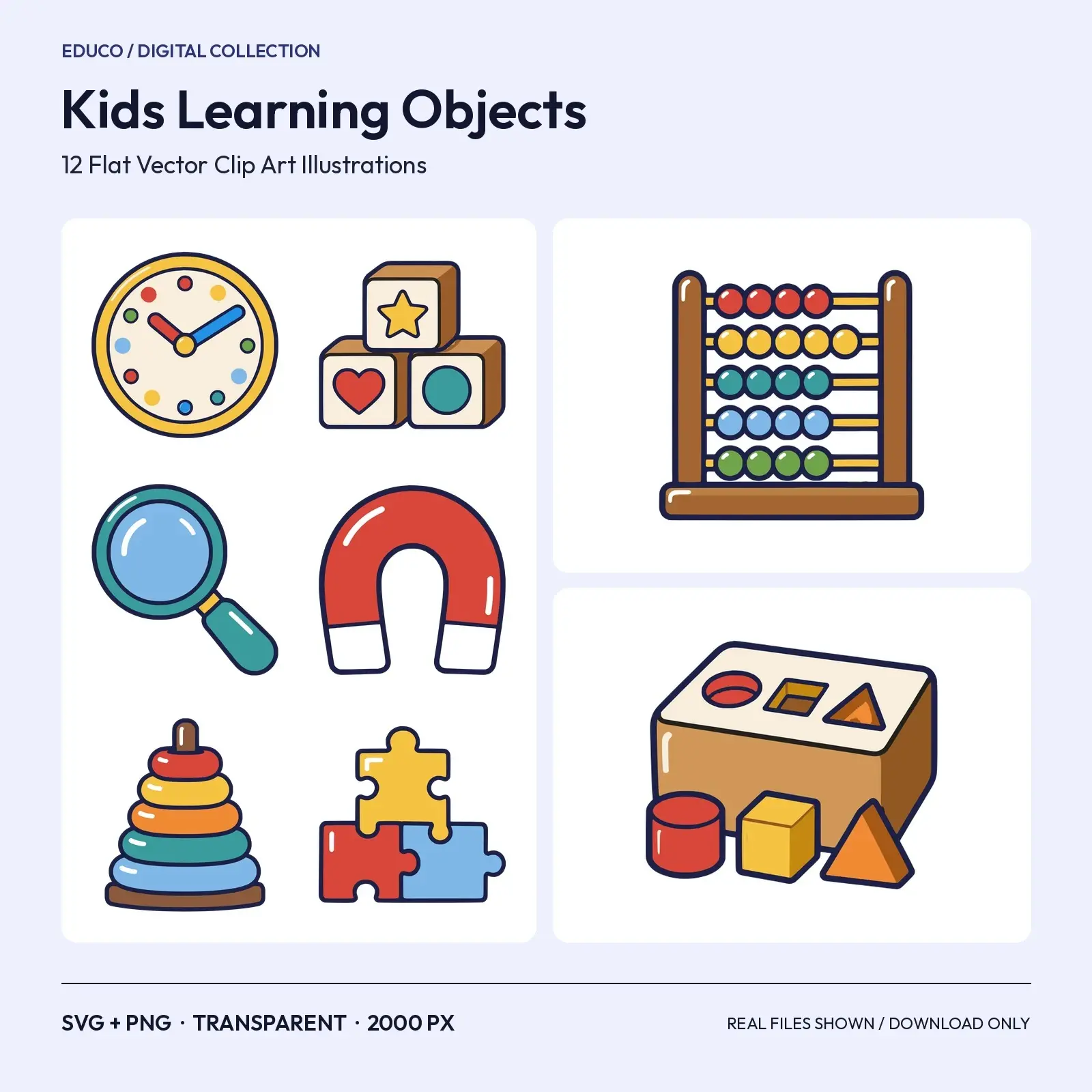 Kids Learning Objects Clip Art – 12 Flat Vector Early Learning Tools preview