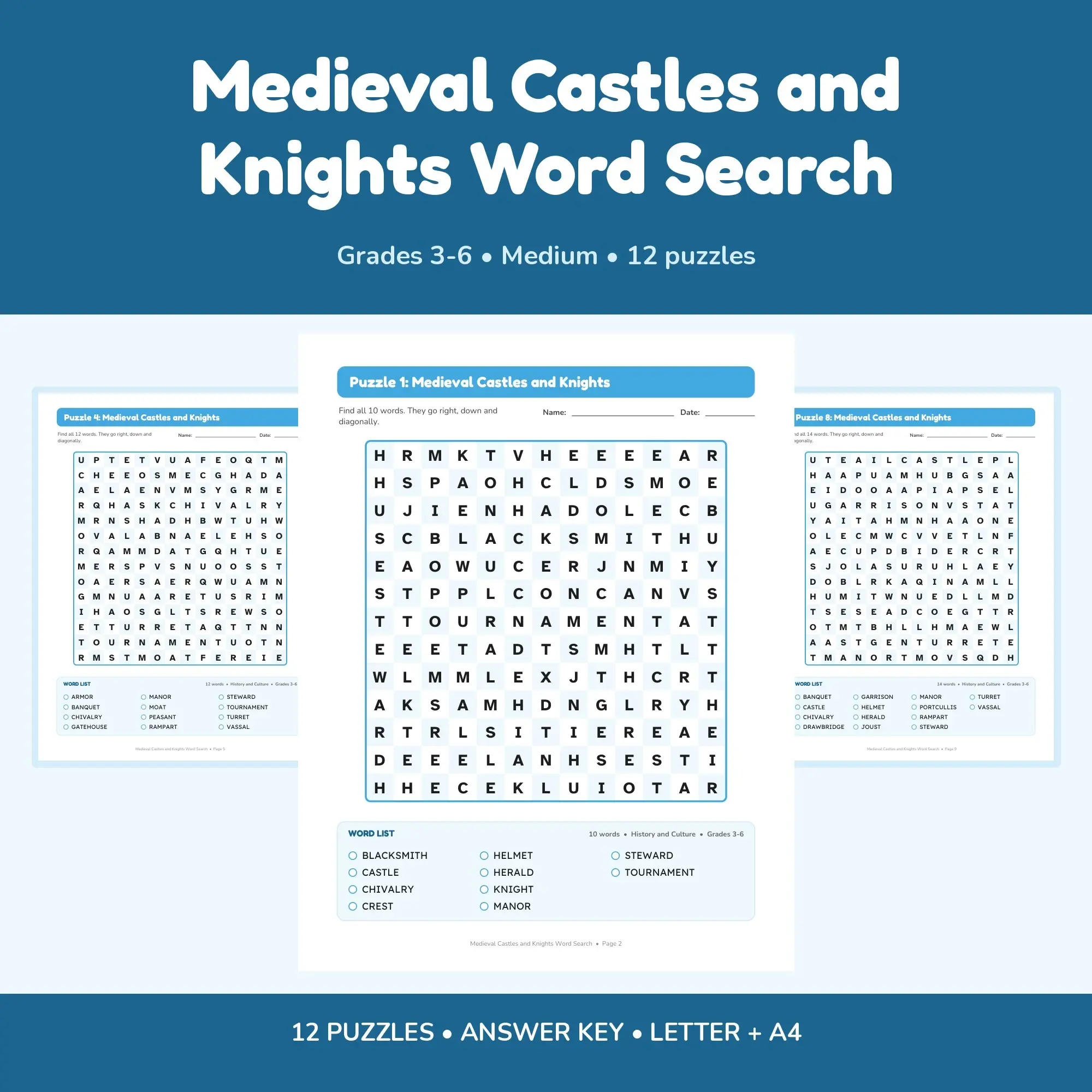 12 Medieval Castles and Knights Word Search Puzzles for Kids, Grades 3-6 (Printable PDF) preview