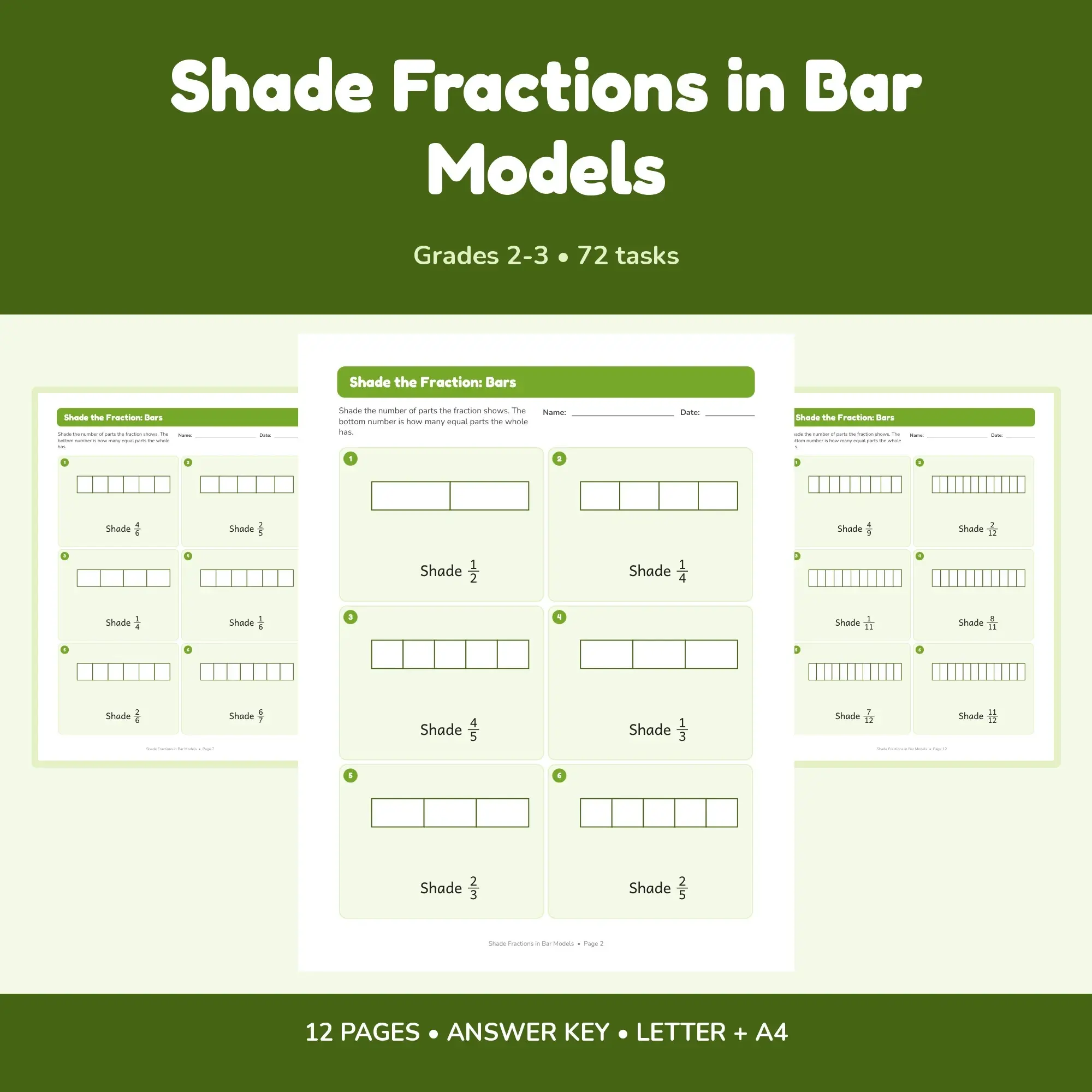 Shade Fractions in Bar Models - 12 Worksheets + Key, preview 1 of 2