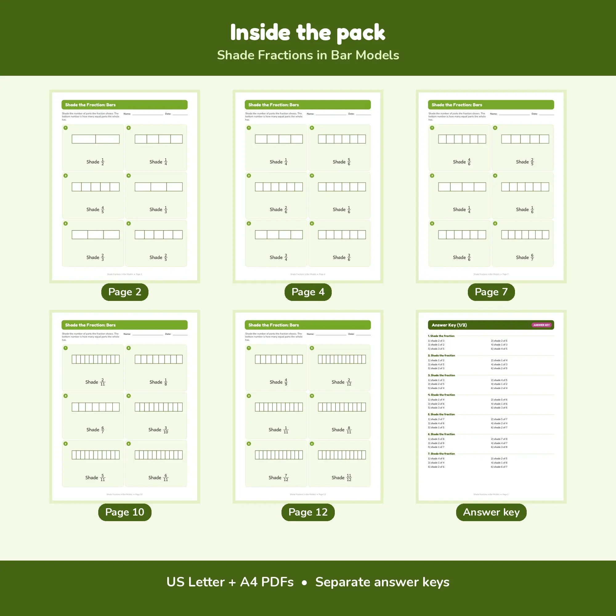Shade Fractions in Bar Models - 12 Worksheets + Key, preview 2 of 2