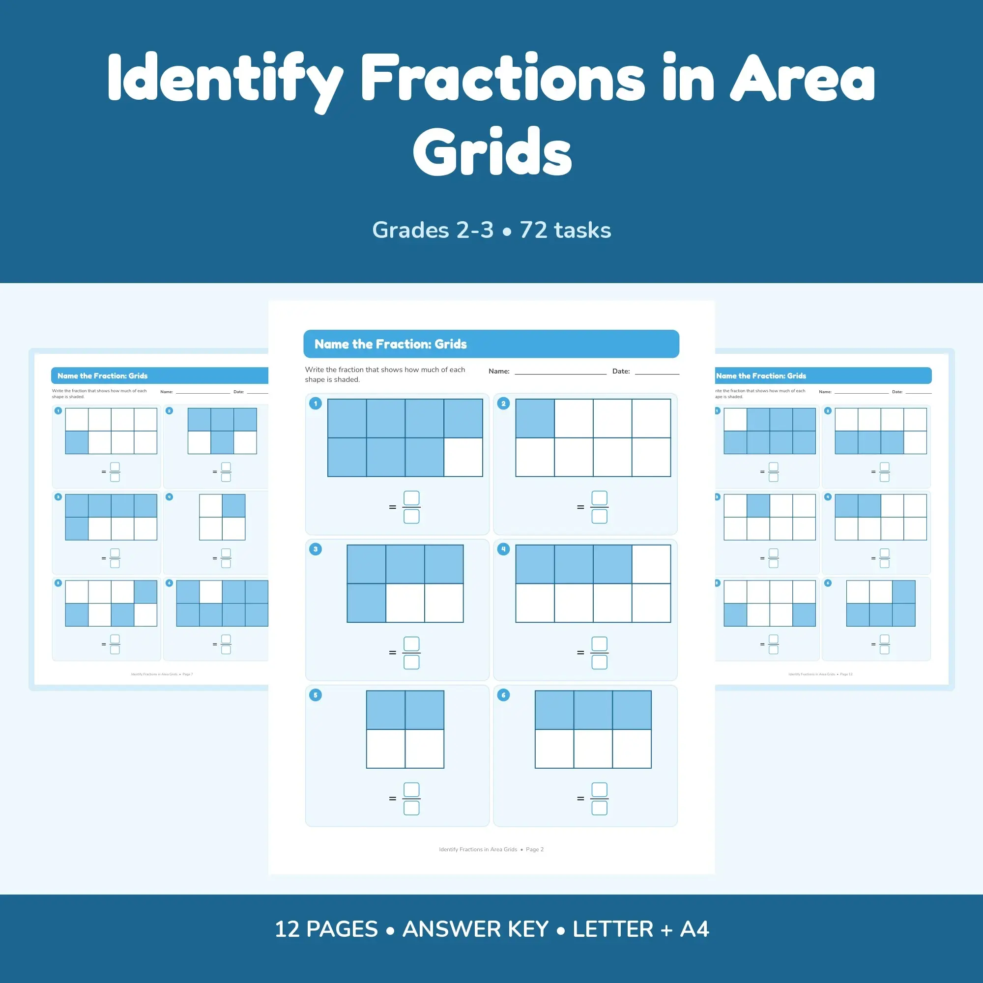 Identify Fractions in Area Grids - 12 Worksheets + Key preview