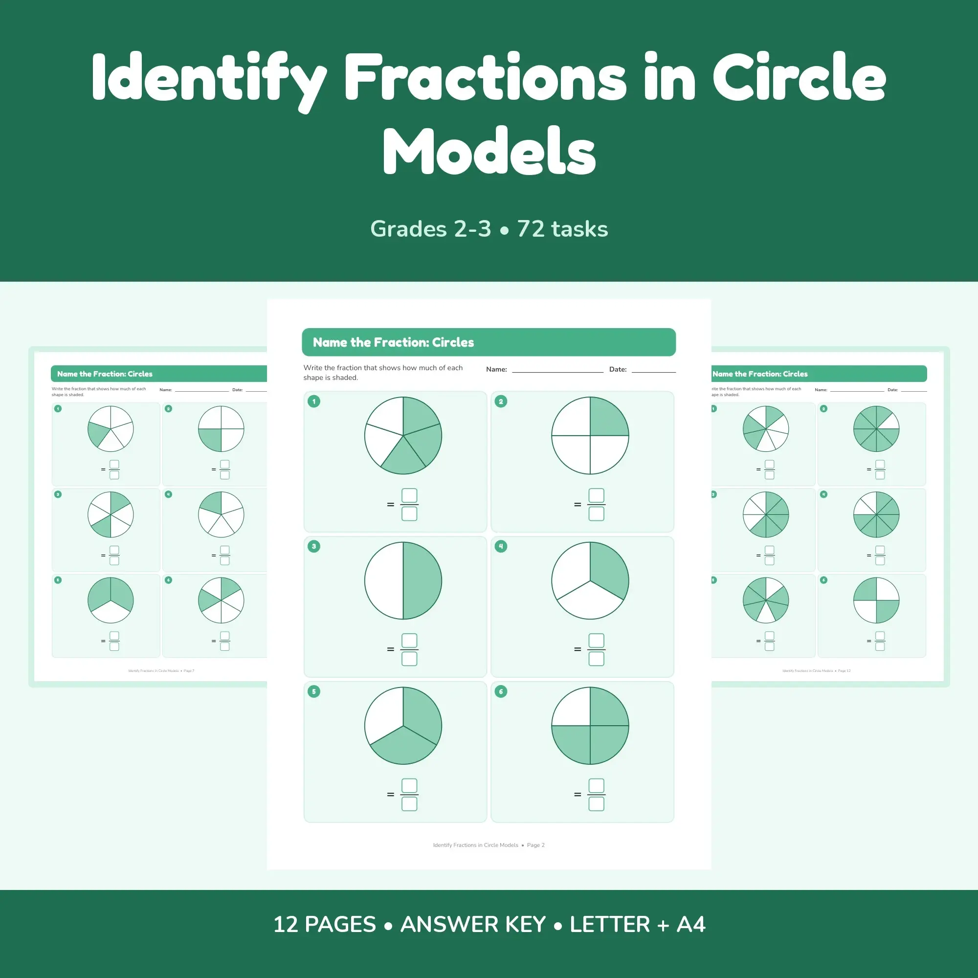 Identify Fractions in Circle Models - 12 Worksheets + Key preview