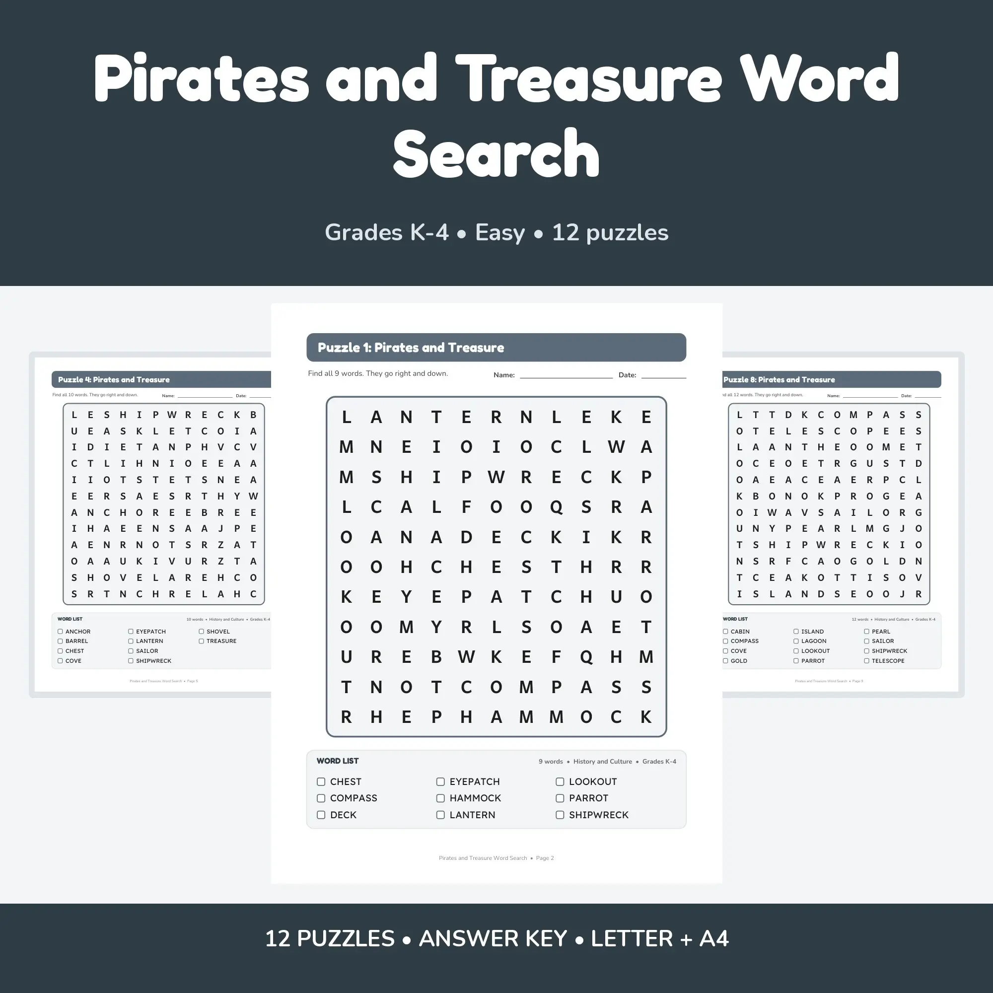 Printable Pirates and Treasure Word Search Pack - 12 Puzzles, Grades K-4, Answer Key preview