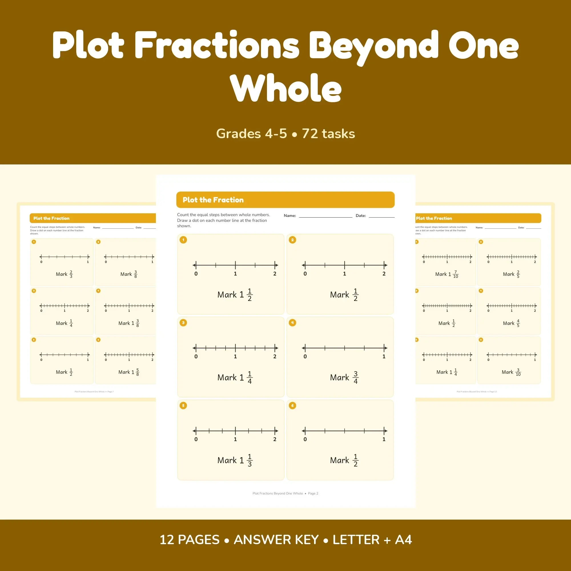 Plot Fractions Beyond One Whole - 12 Worksheets + Key preview