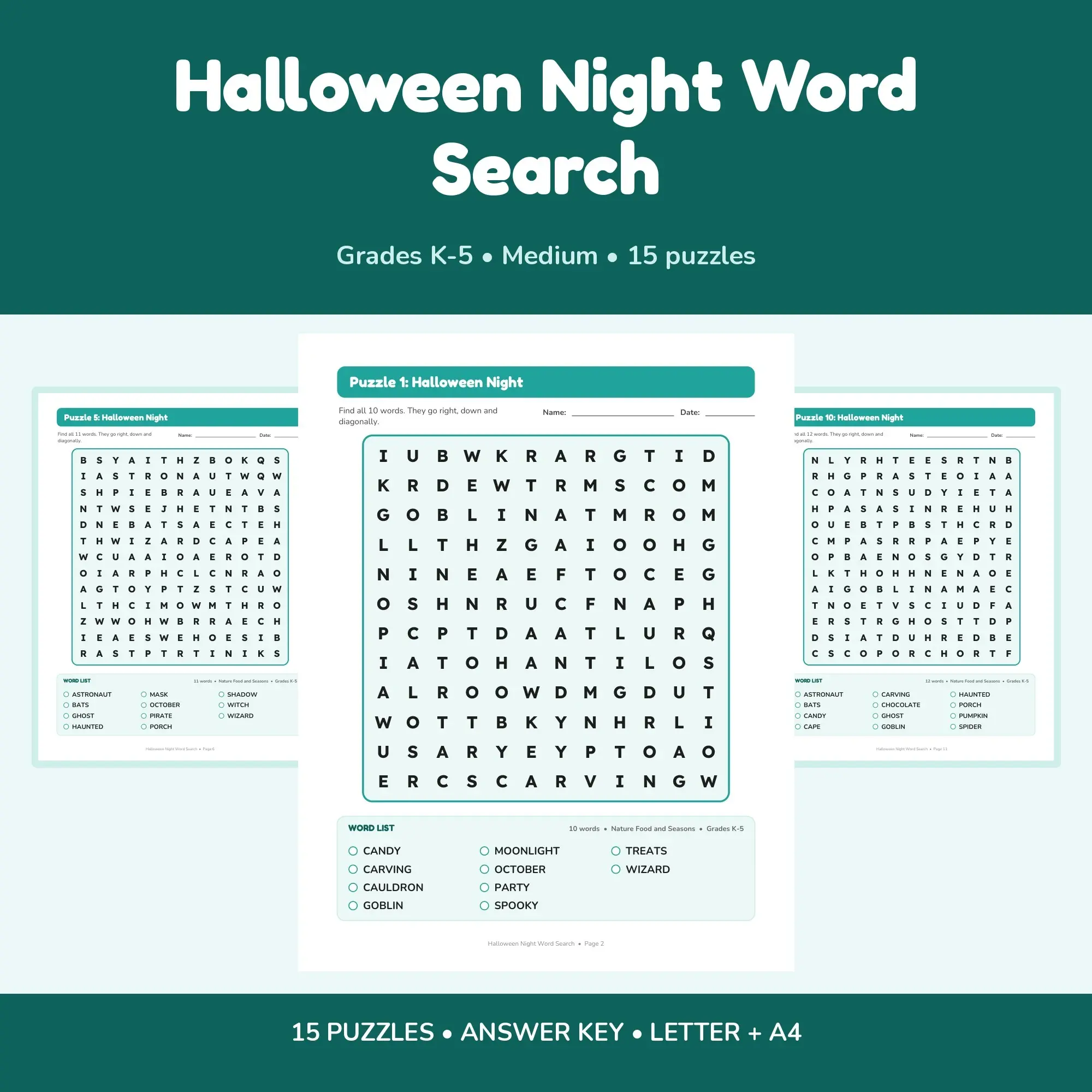 Halloween Night Word Find Puzzles - 15 Printable Puzzle Pages, Grades K-5 + Key preview