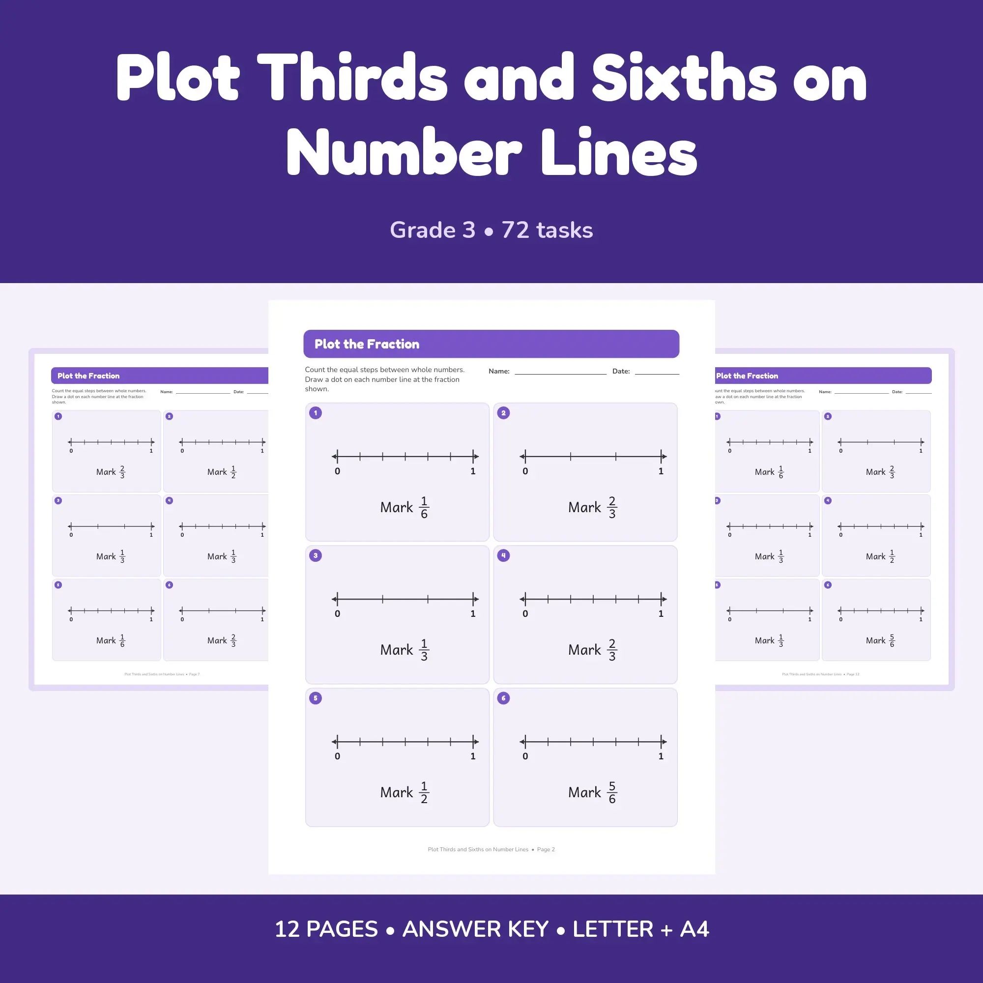 Plot Thirds and Sixths on Number Lines - 12 Worksheets + Key preview