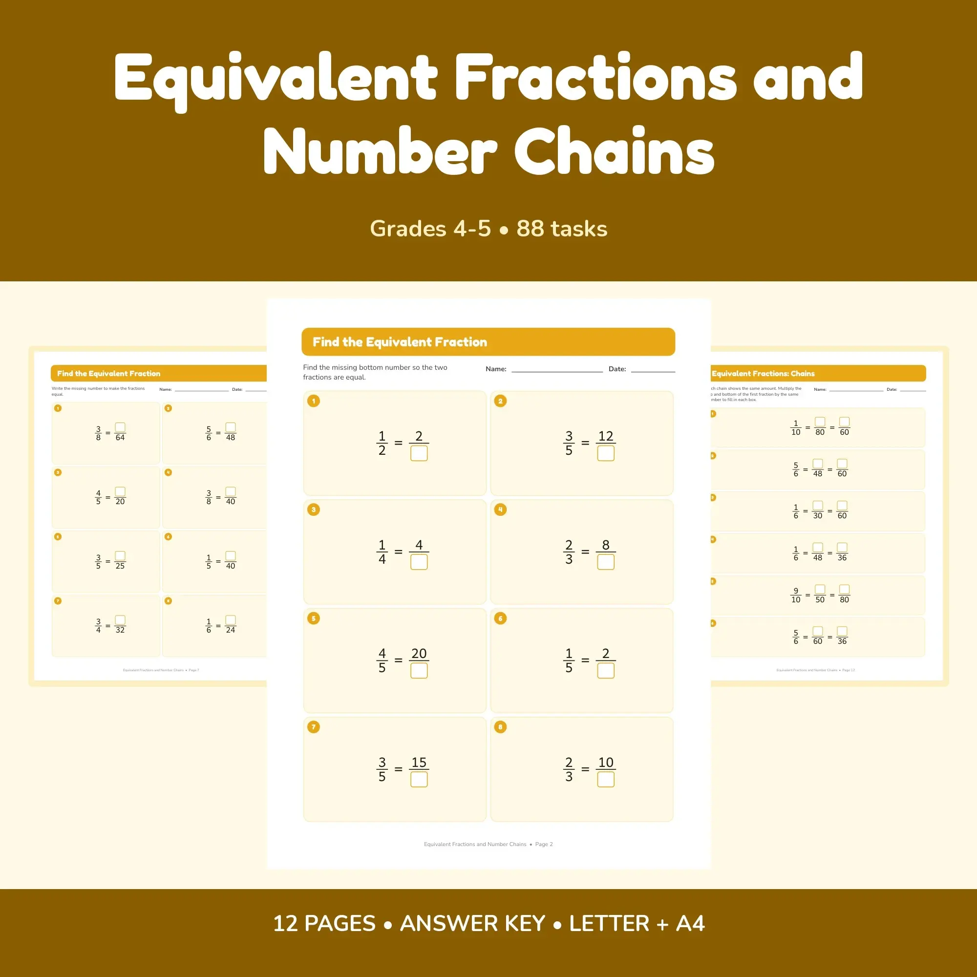 Equivalent Fractions and Number Chains - 12 Worksheets + Key preview