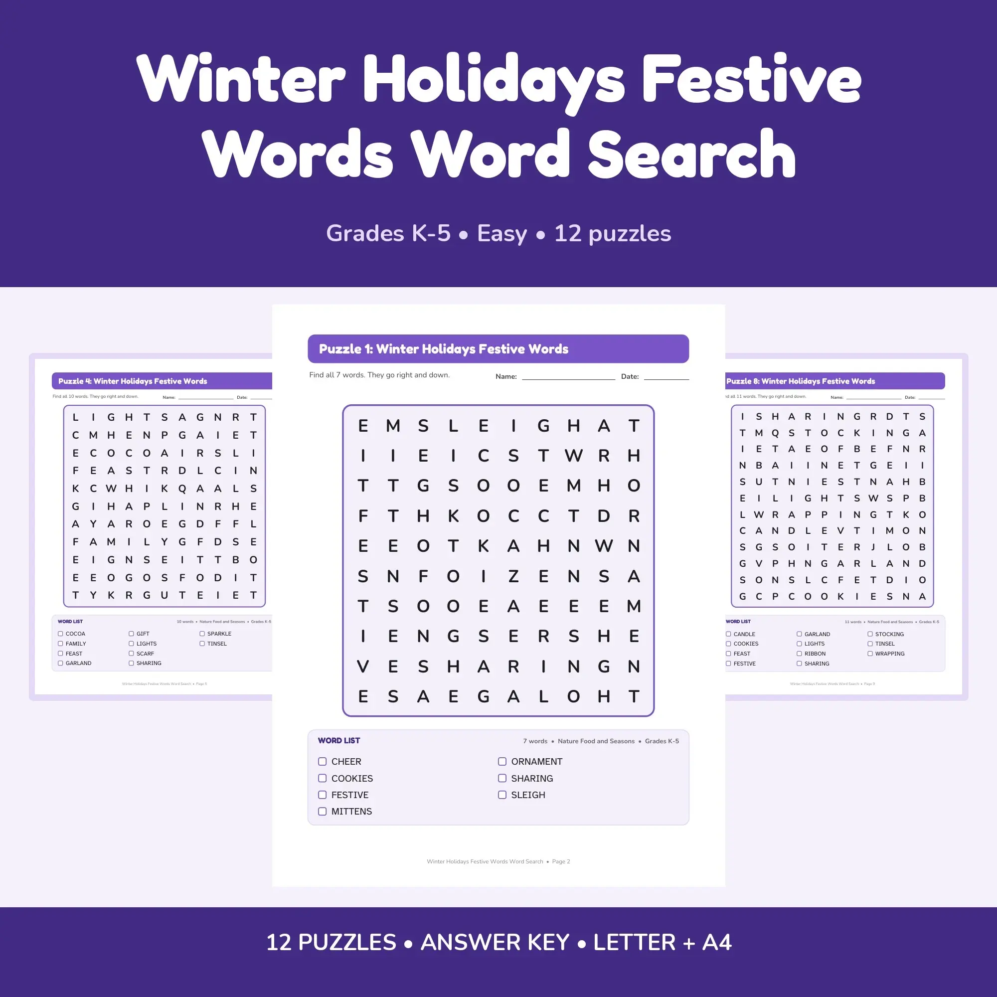 Winter Holidays Festive Words Word Find Puzzles - 12 Printable Puzzle Pages, Grades K-5 + Key preview