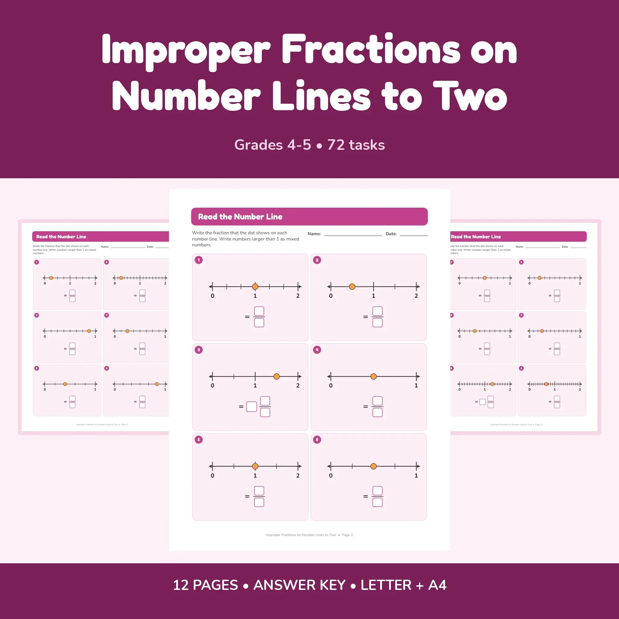 Improper Fractions on Number Lines to Two - 12 Worksheets + Key preview