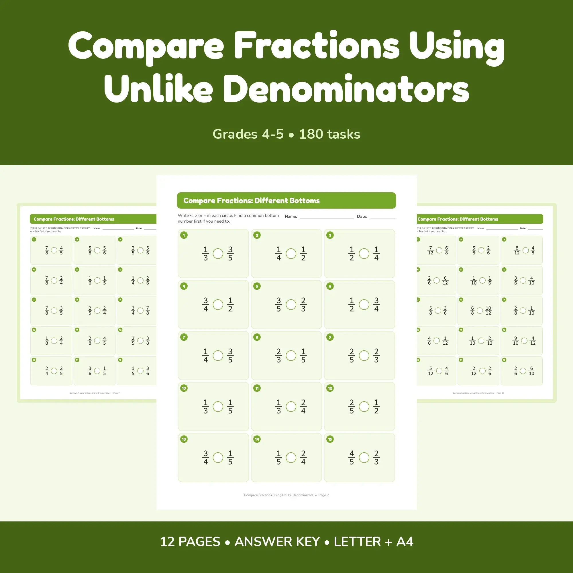 Compare Fractions Using Unlike Denominators - 12 Worksheets + Key preview