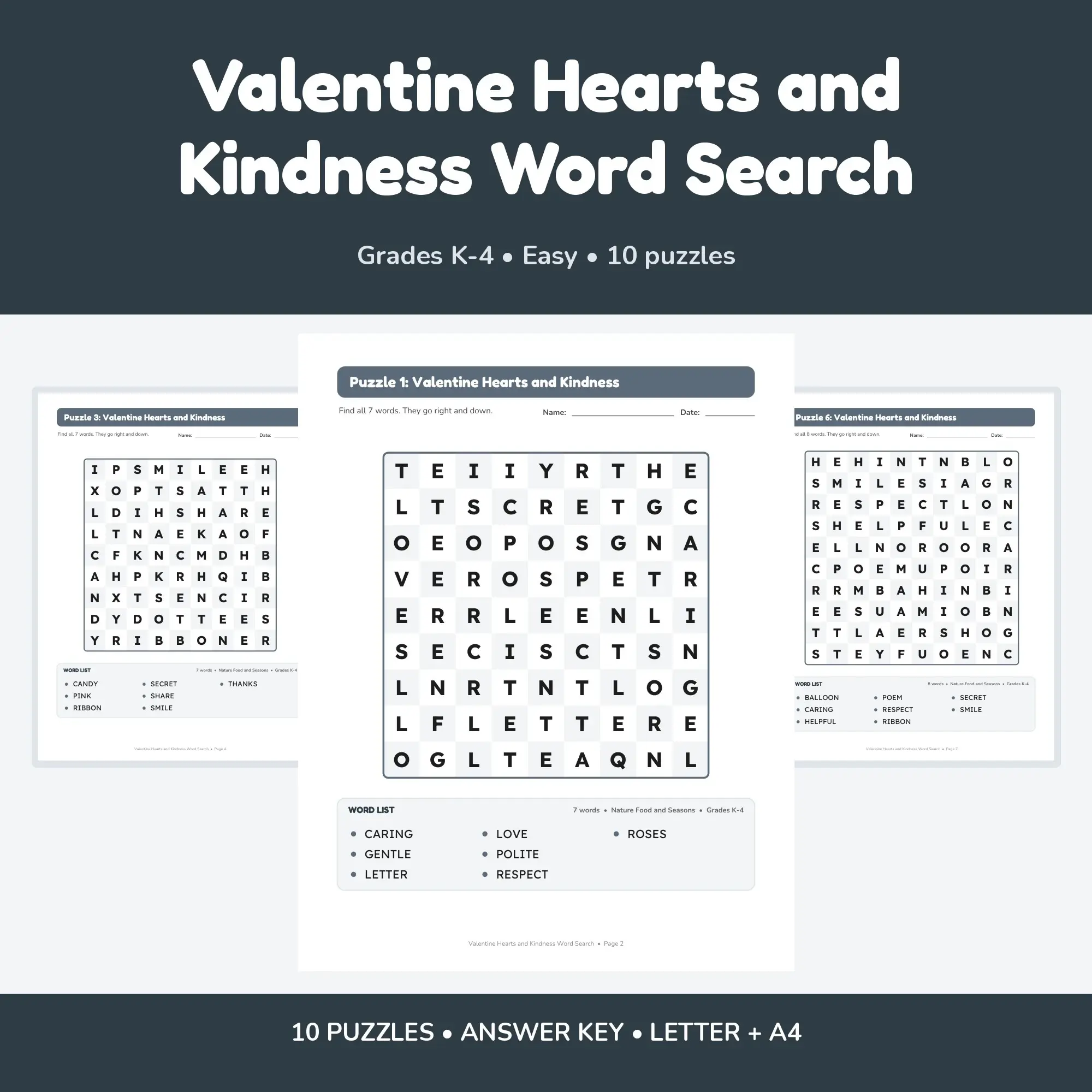 Valentine Hearts and Kindness Word Search Book - 10 Puzzles | Grades K-4 | Letter + A4 preview