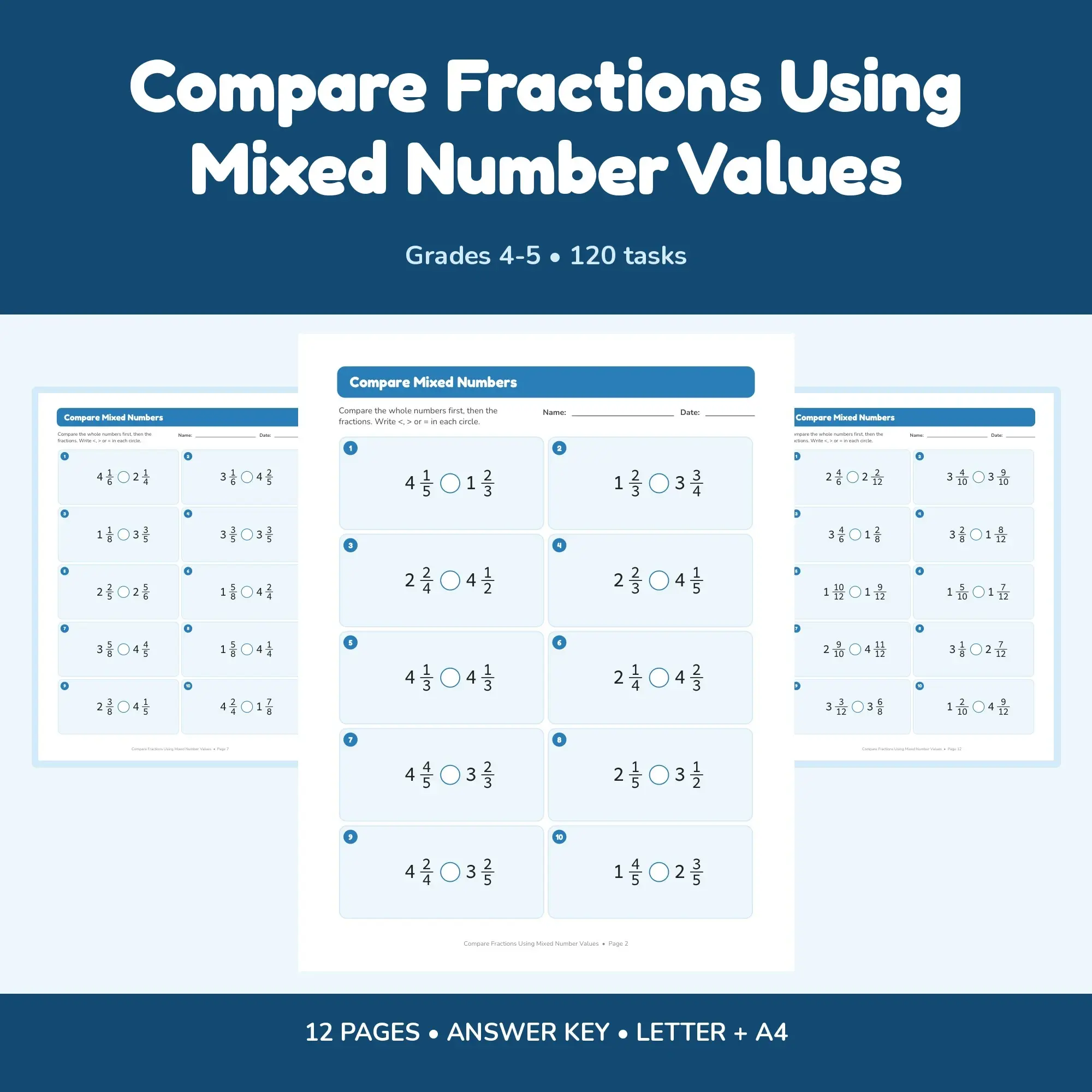 Compare Fractions Using Mixed Number Values - 12 Worksheets + Key preview