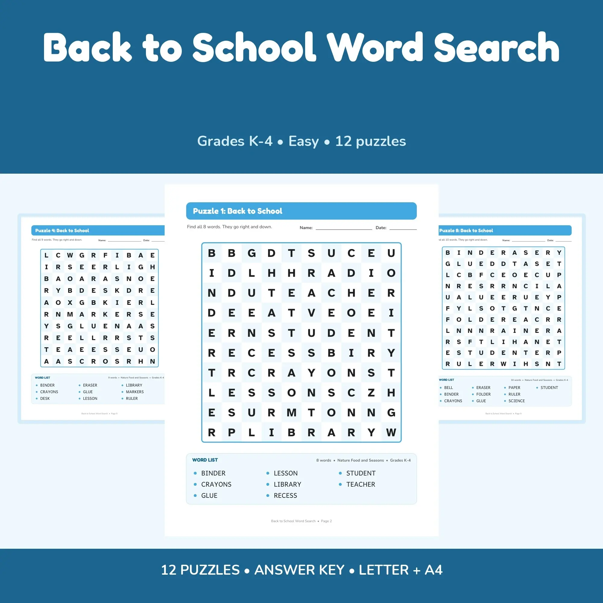 Back to School Word Find Puzzles - 12 Printable Puzzle Pages, Grades K-4 + Key preview