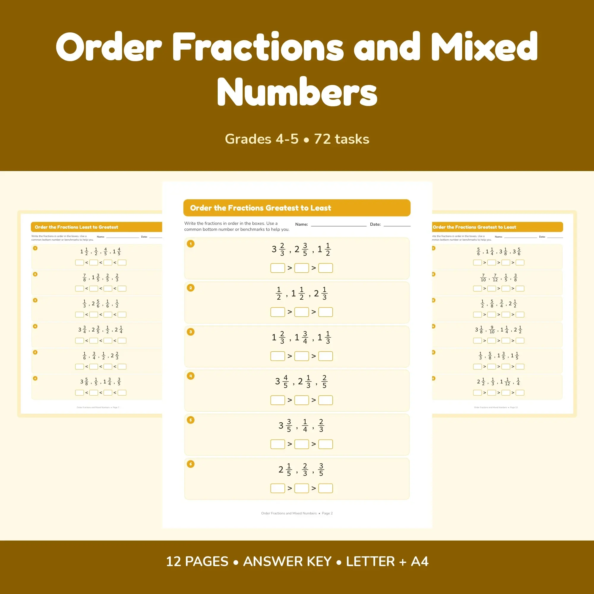 Order Fractions and Mixed Numbers - 12 Worksheets + Key, preview 1 of 2