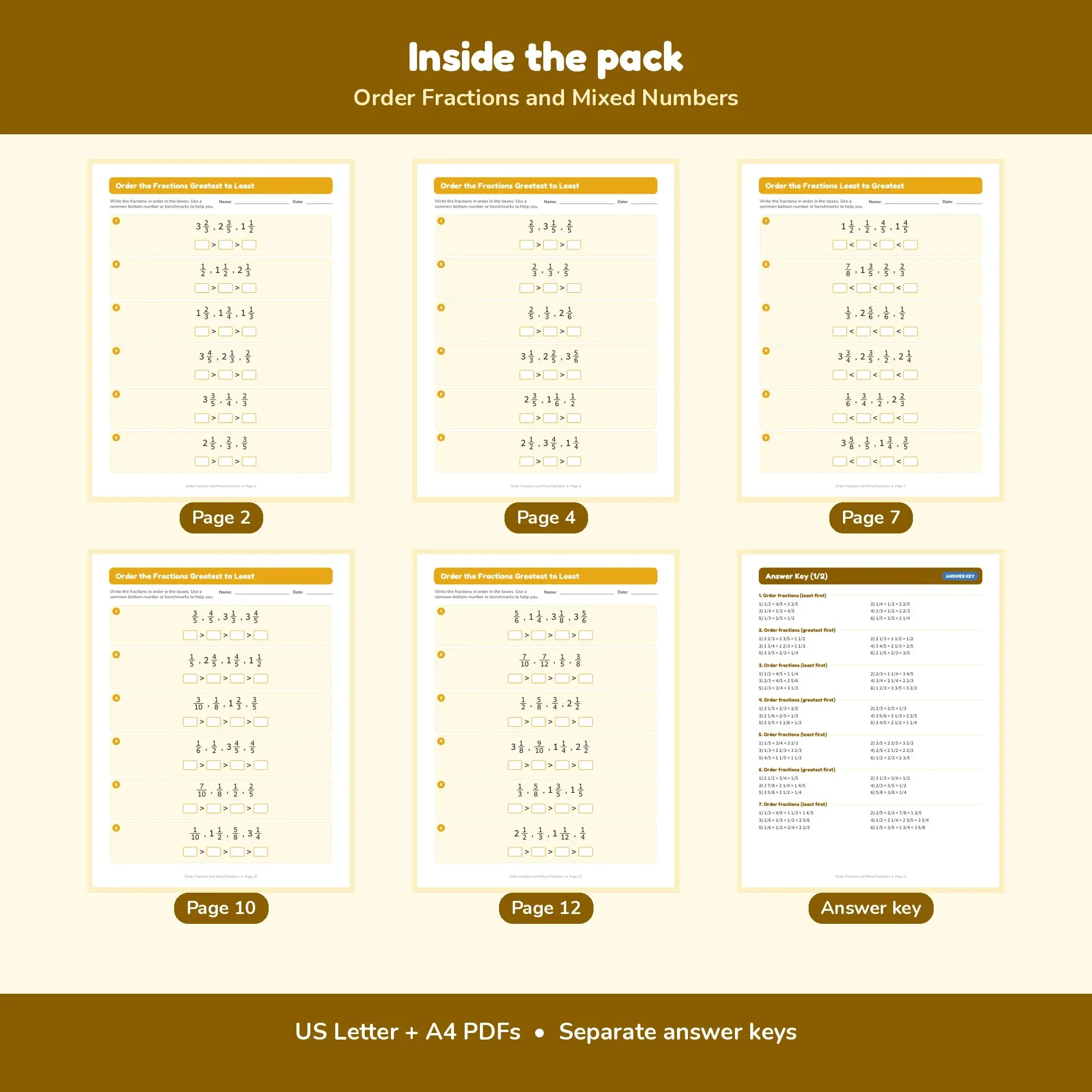 Order Fractions and Mixed Numbers - 12 Worksheets + Key, preview 2 of 2