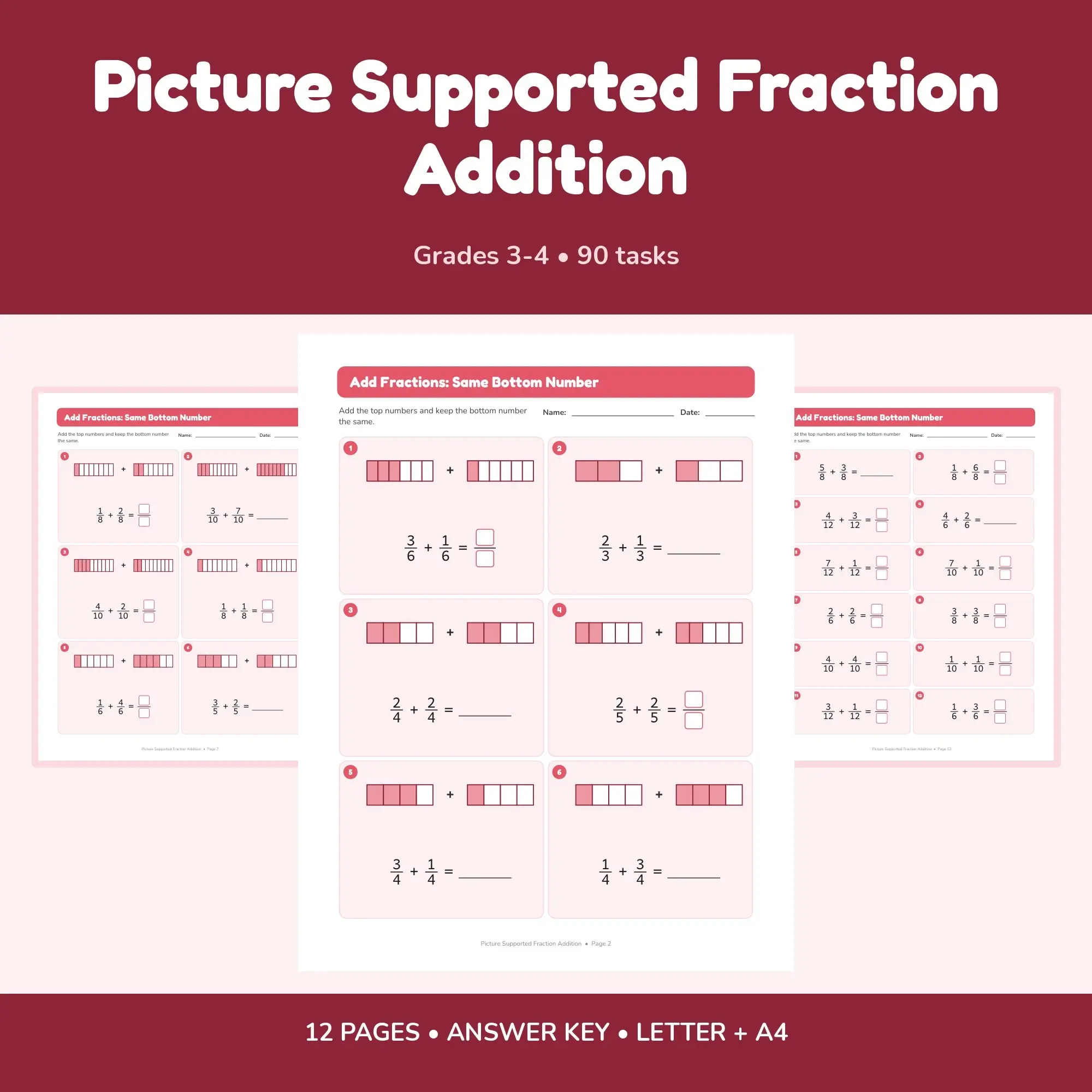 Picture Supported Fraction Addition - 12 Worksheets + Key preview