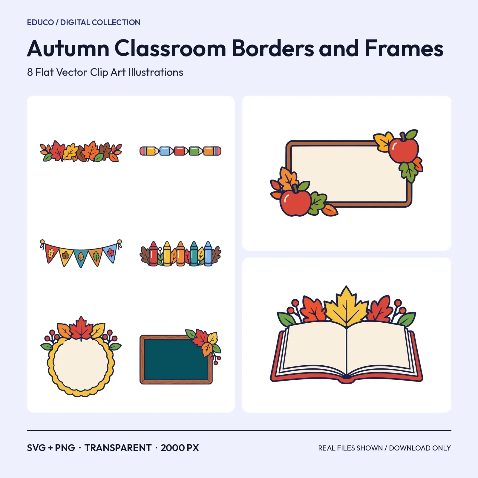 Autumn Classroom Borders and Frames Clip Art – 8 Flat Vector Layout Elements preview