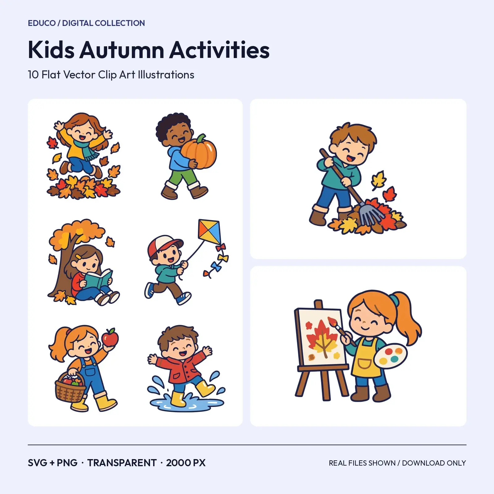 Kids Autumn Activities Clip Art – 10 Flat Vector Children at Play, preview 1 of 4