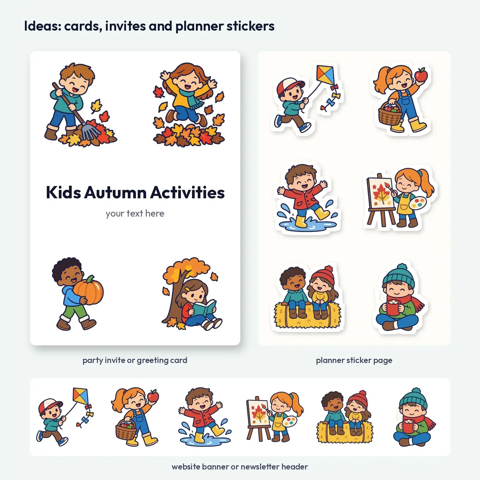 Kids Autumn Activities Clip Art – 10 Flat Vector Children at Play, preview 4 of 4