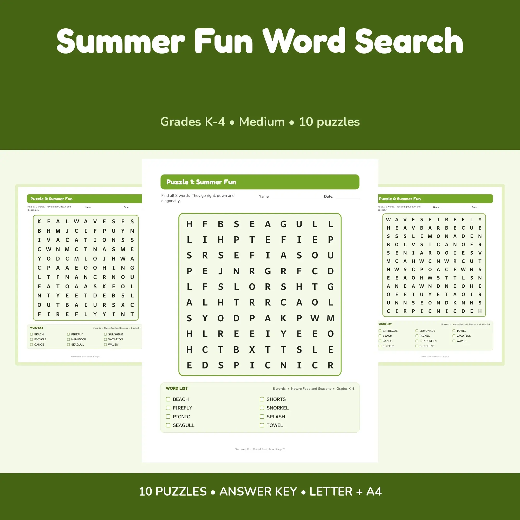 Printable Summer Fun Word Search Pack - 10 Puzzles, Grades K-4, Answer Key preview