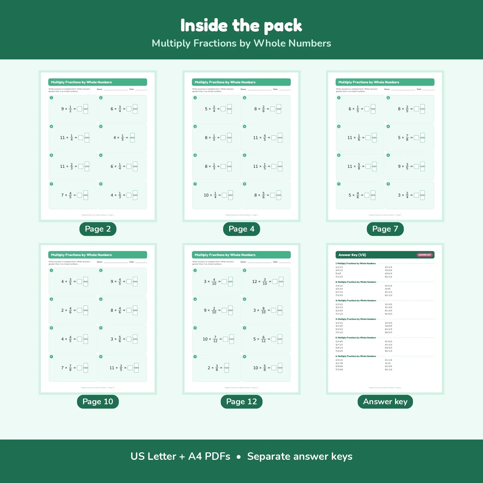Multiply Fractions by Whole Numbers - 12 Worksheets + Key, preview 2 of 2
