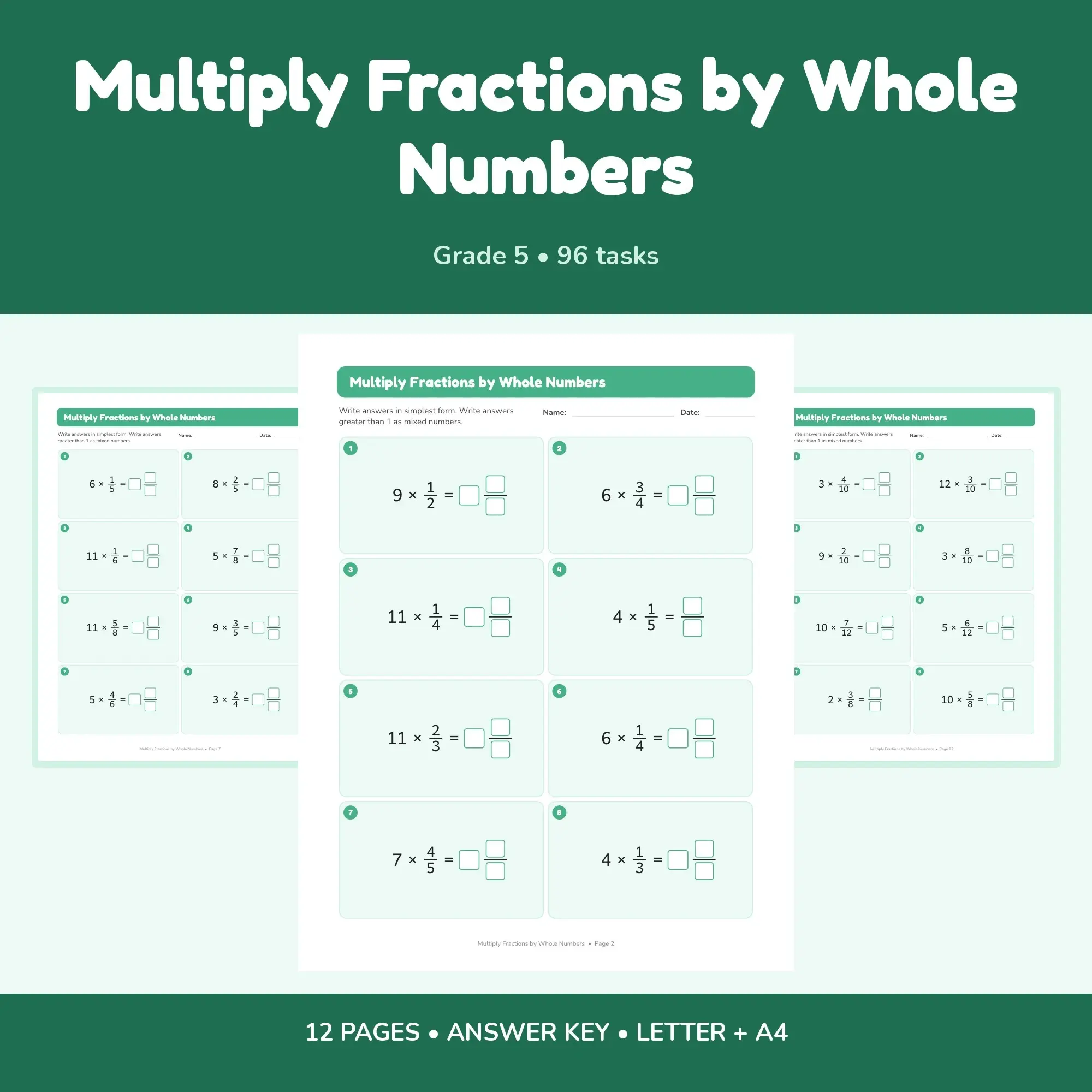 Multiply Fractions by Whole Numbers - 12 Worksheets + Key preview