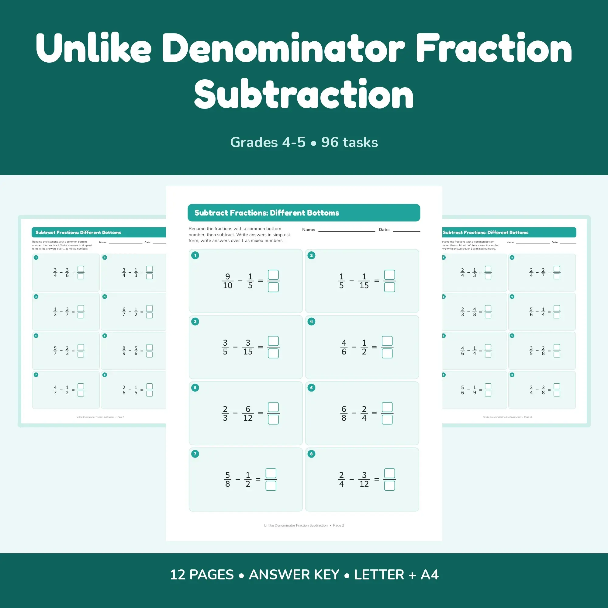 Unlike Denominator Fraction Subtraction - 12 Worksheets + Key preview