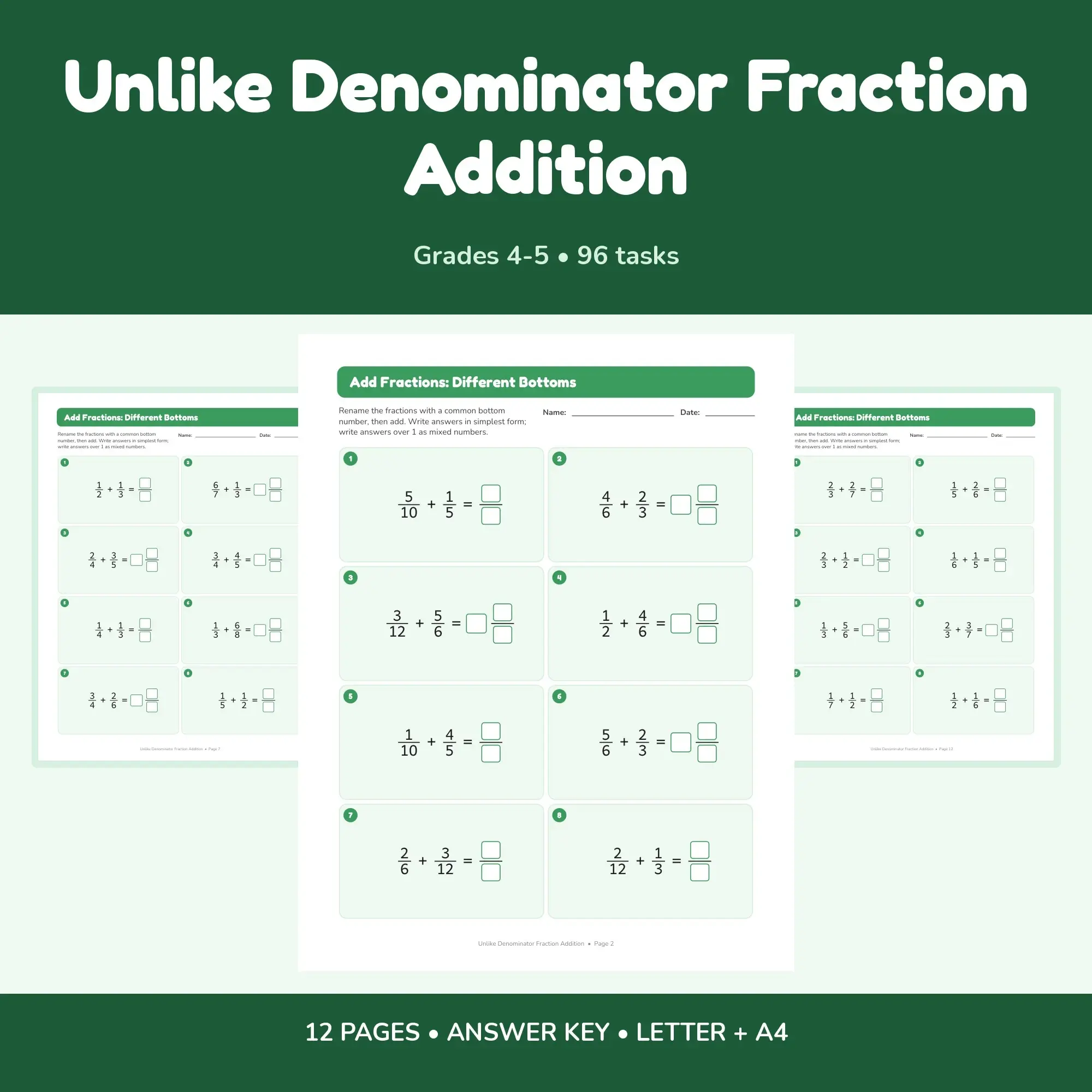 Unlike Denominator Fraction Addition - 12 Worksheets + Key preview