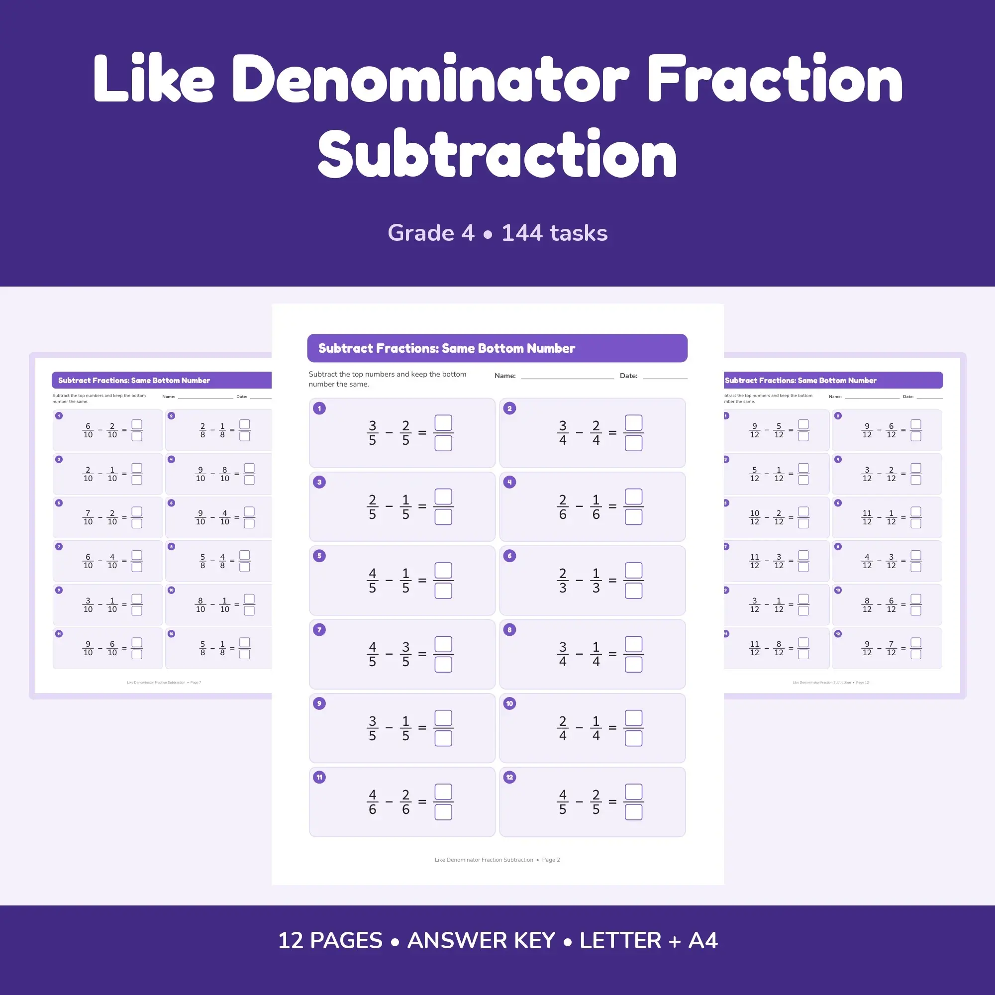 Like Denominator Fraction Subtraction - 12 Worksheets + Key, preview 1 of 2