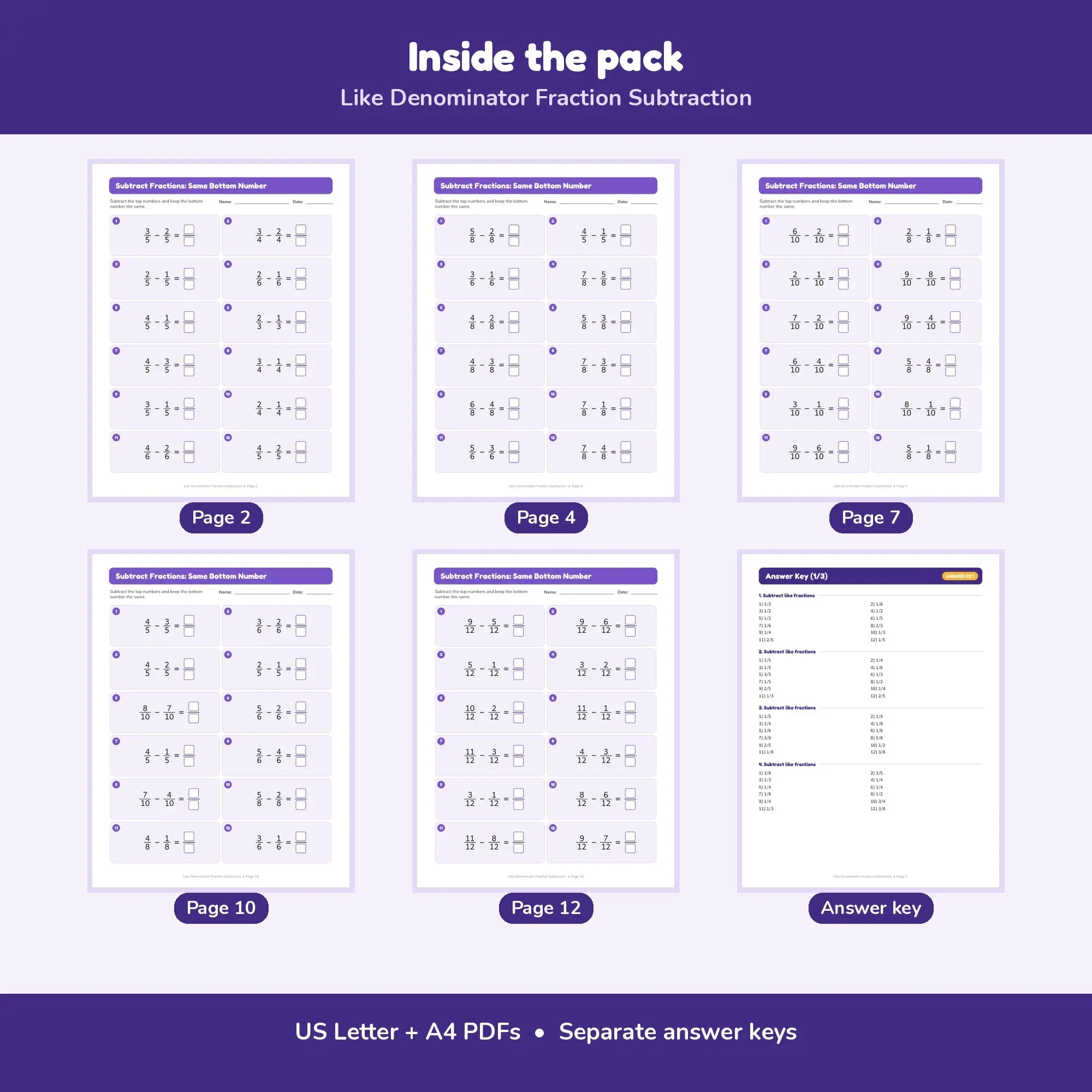 Like Denominator Fraction Subtraction - 12 Worksheets + Key, preview 2 of 2