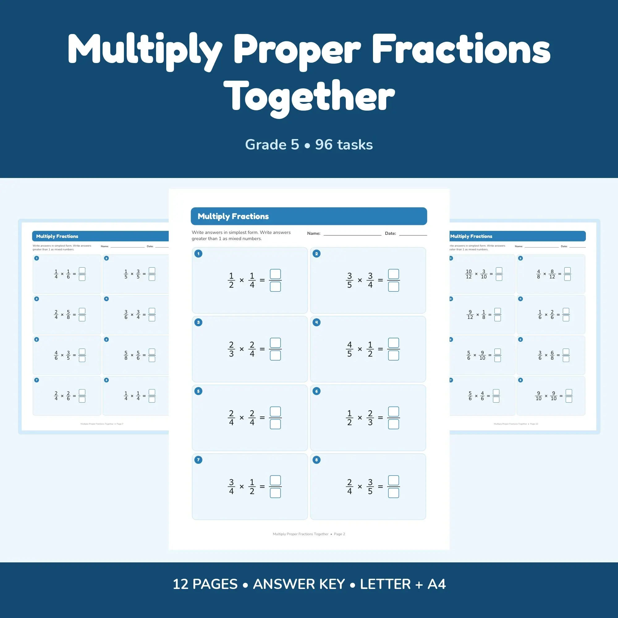 Multiply Proper Fractions Together - 12 Worksheets + Key preview