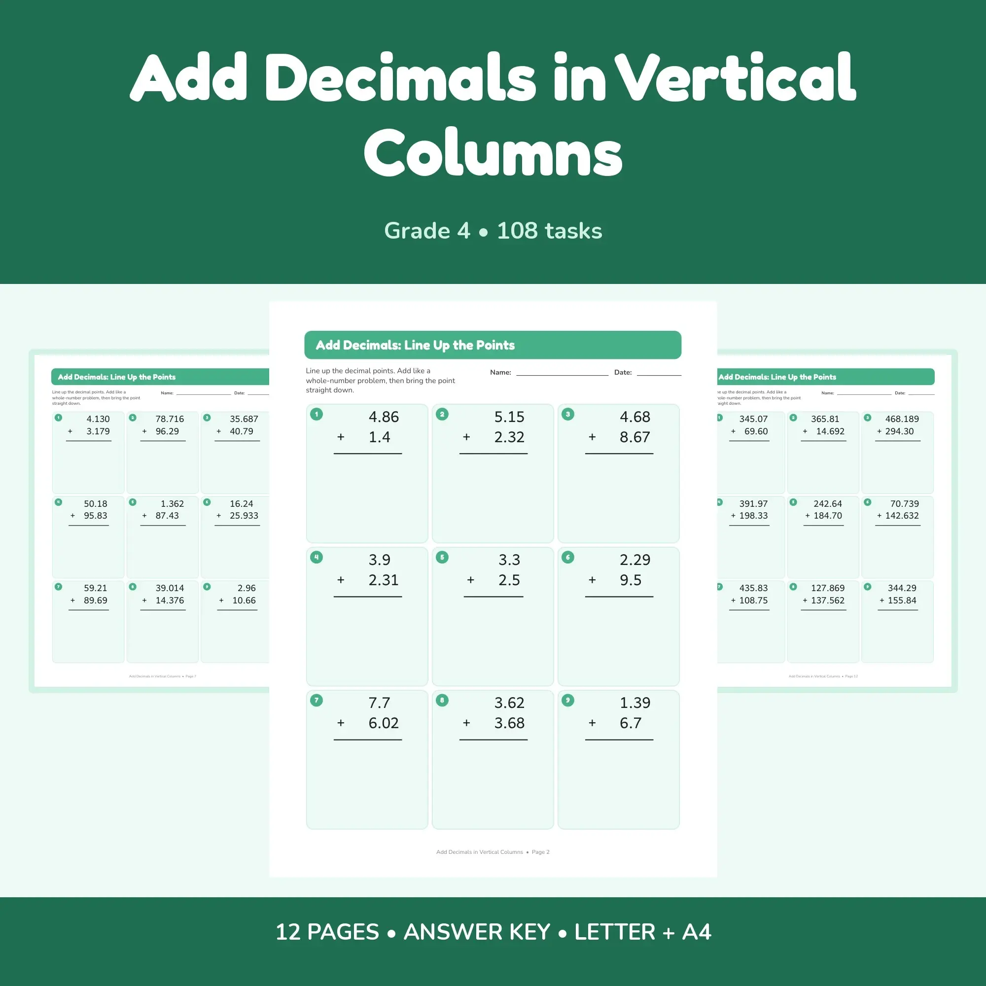 Add Decimals in Vertical Columns - 12 Worksheets + Key preview