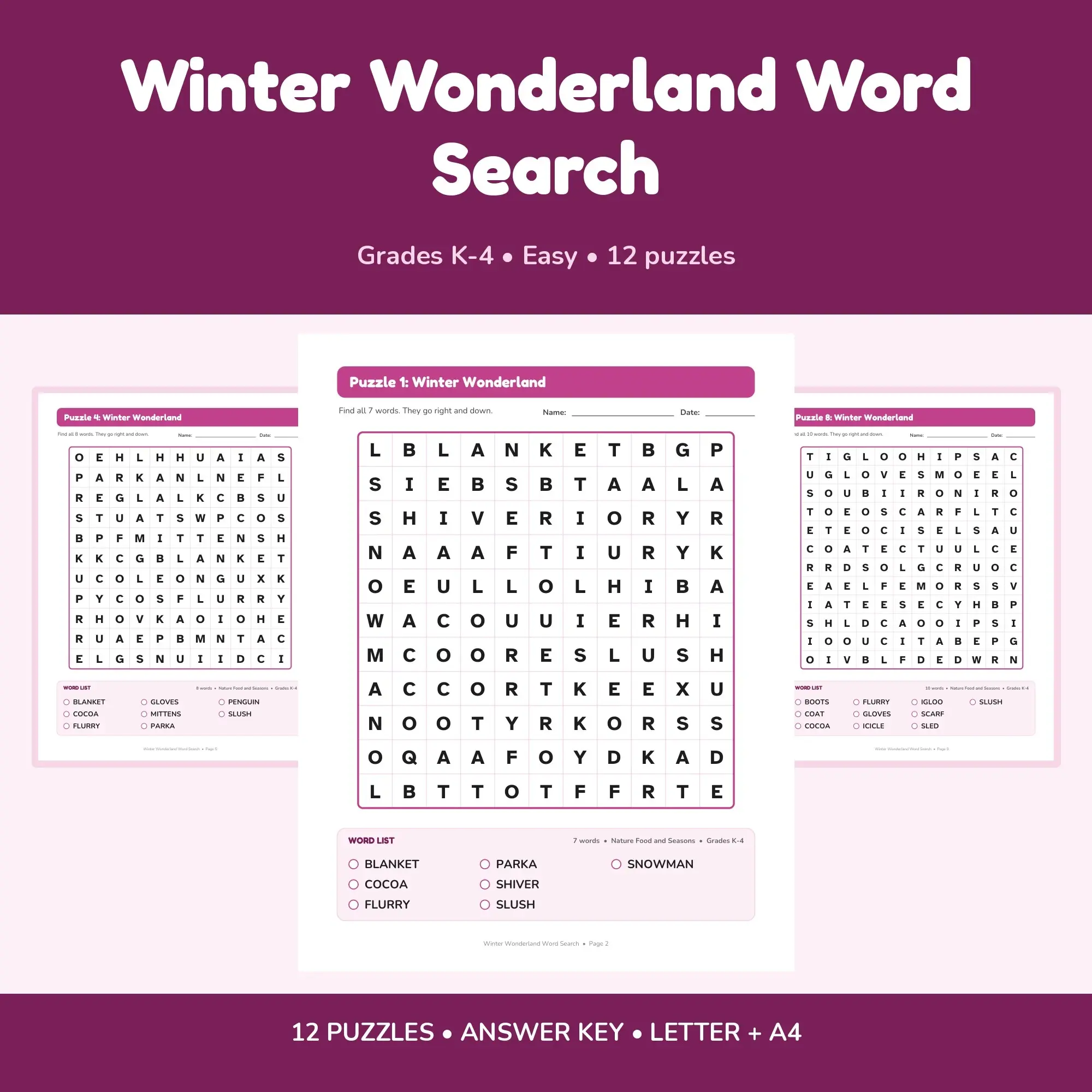 Winter Wonderland Word Search Book - 12 Puzzles | Grades K-4 | Letter + A4 preview