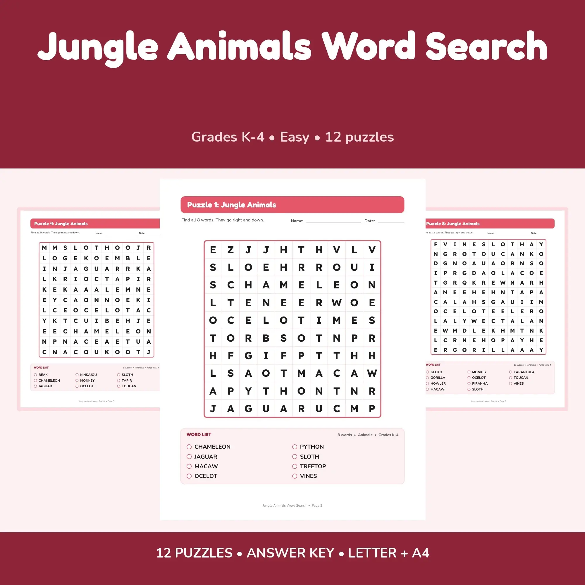 Jungle Animals Word Search - 12 Puzzles for Grades K-4 + Answer Key, preview 1 of 2